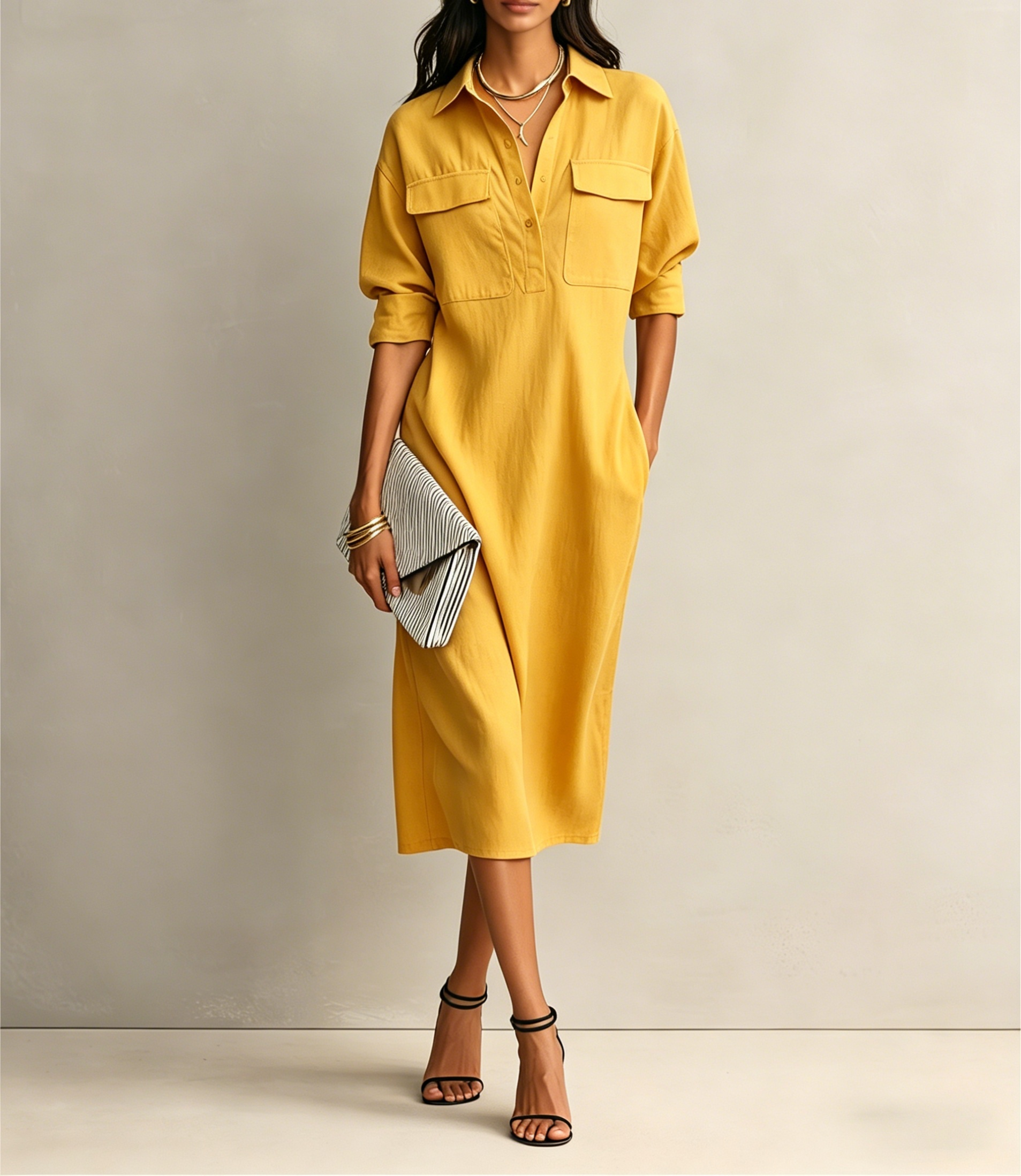 Women’s Casual Cotton-Linen Utility Shirt Dress with Pockets