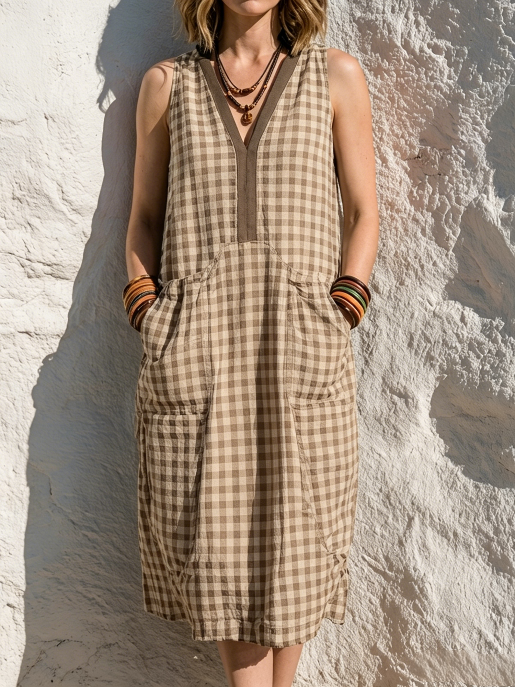 Black & White Gingham V-neck Linen-cotton Sleeveless A-line Dress