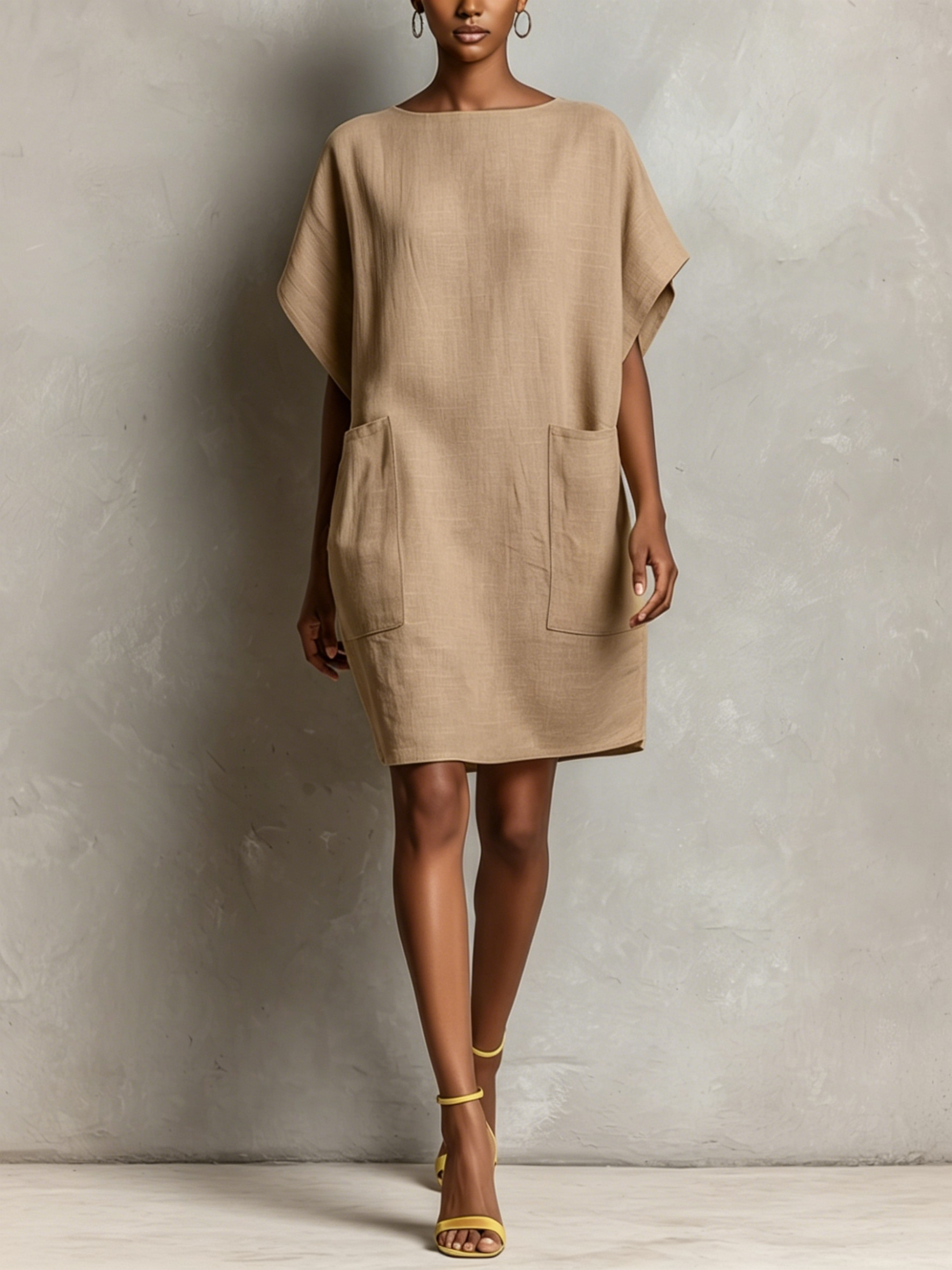 Women’s Minimalist Cotton-Linen Sleeveless Shift Dress with Pockets