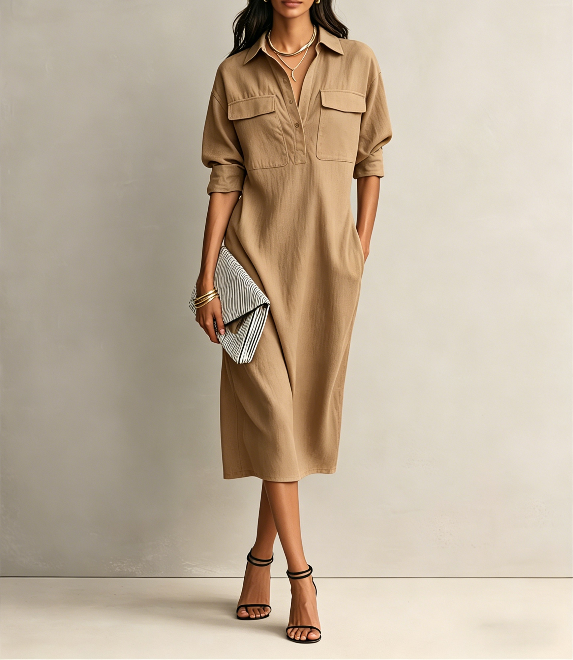 Women’s Casual Cotton-Linen Utility Shirt Dress with Pockets