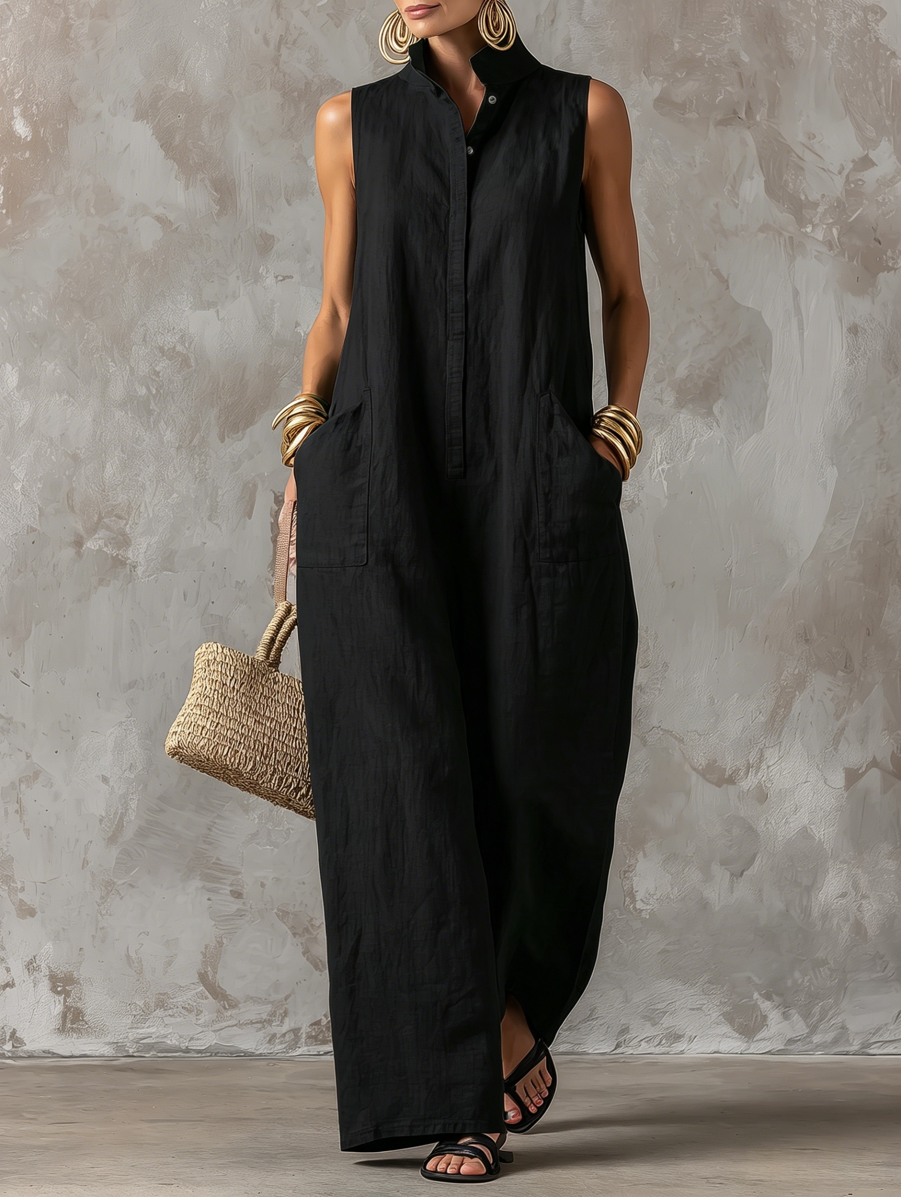 Women’s Casual Cotton-Linen Sleeveless Jumpsuit