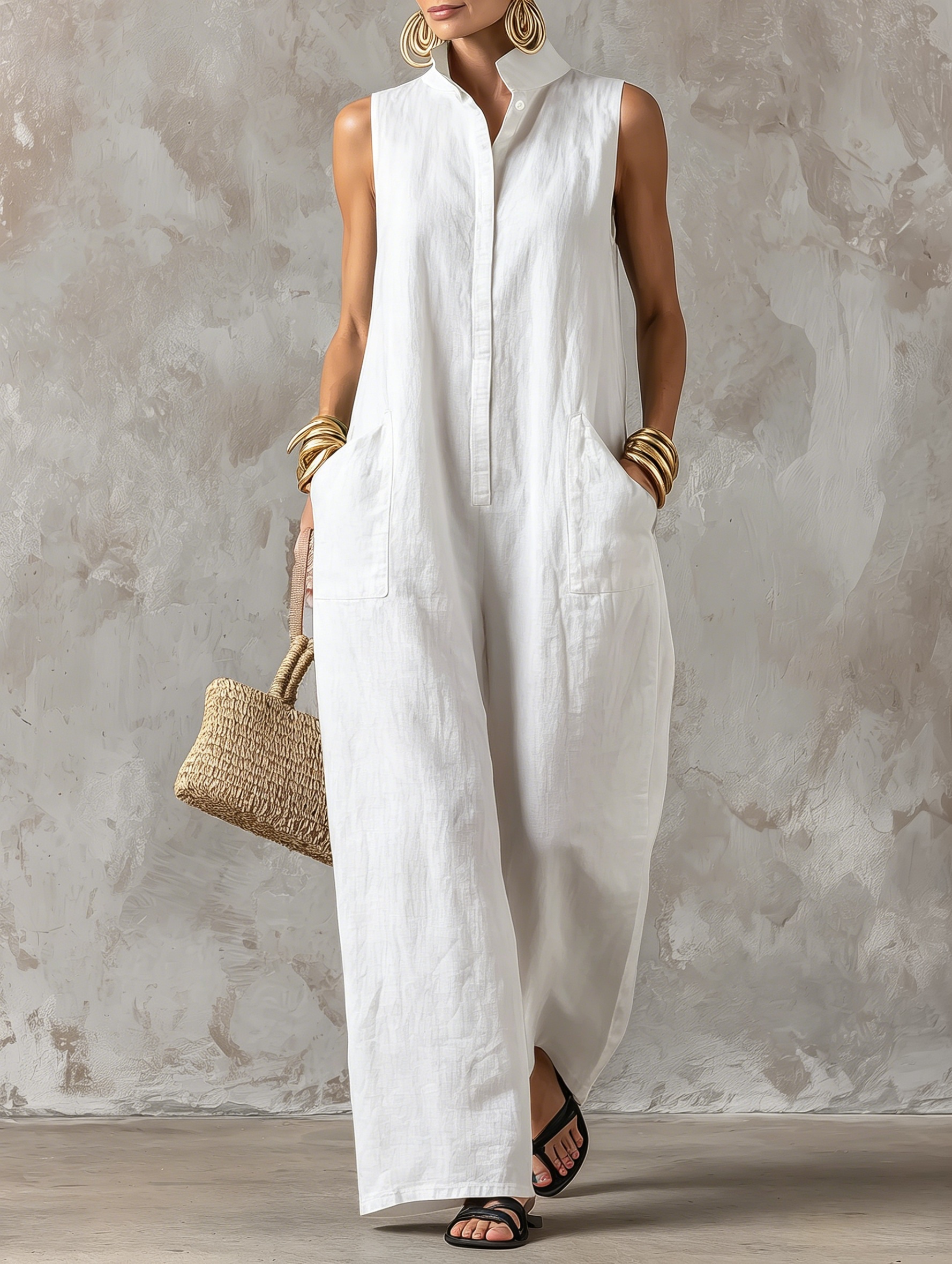 Women’s Casual Cotton-Linen Sleeveless Jumpsuit