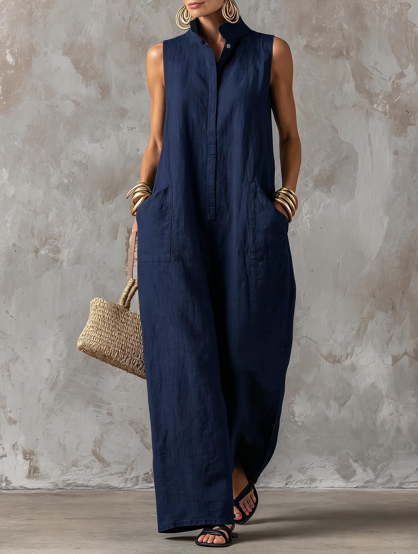 Women’s Casual Cotton-Linen Sleeveless Jumpsuit
