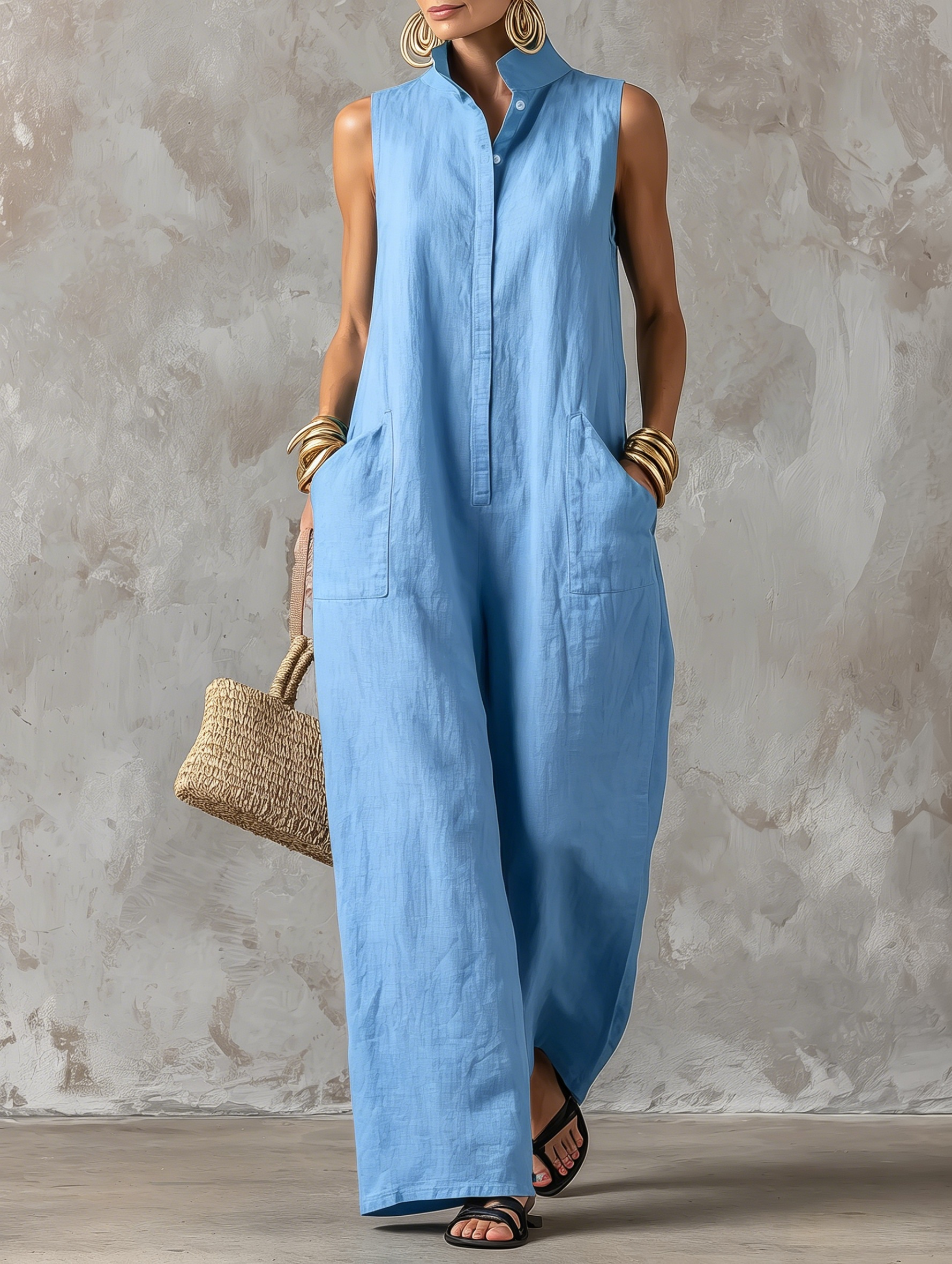 Women’s Casual Cotton-Linen Sleeveless Jumpsuit
