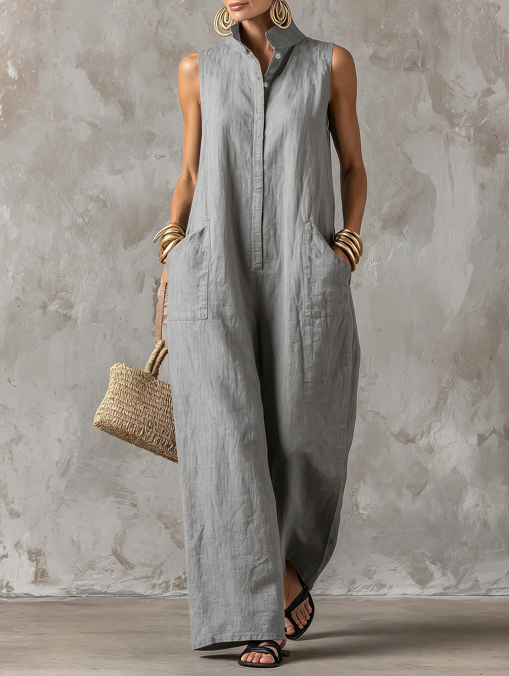Women’s Casual Cotton-Linen Sleeveless Jumpsuit