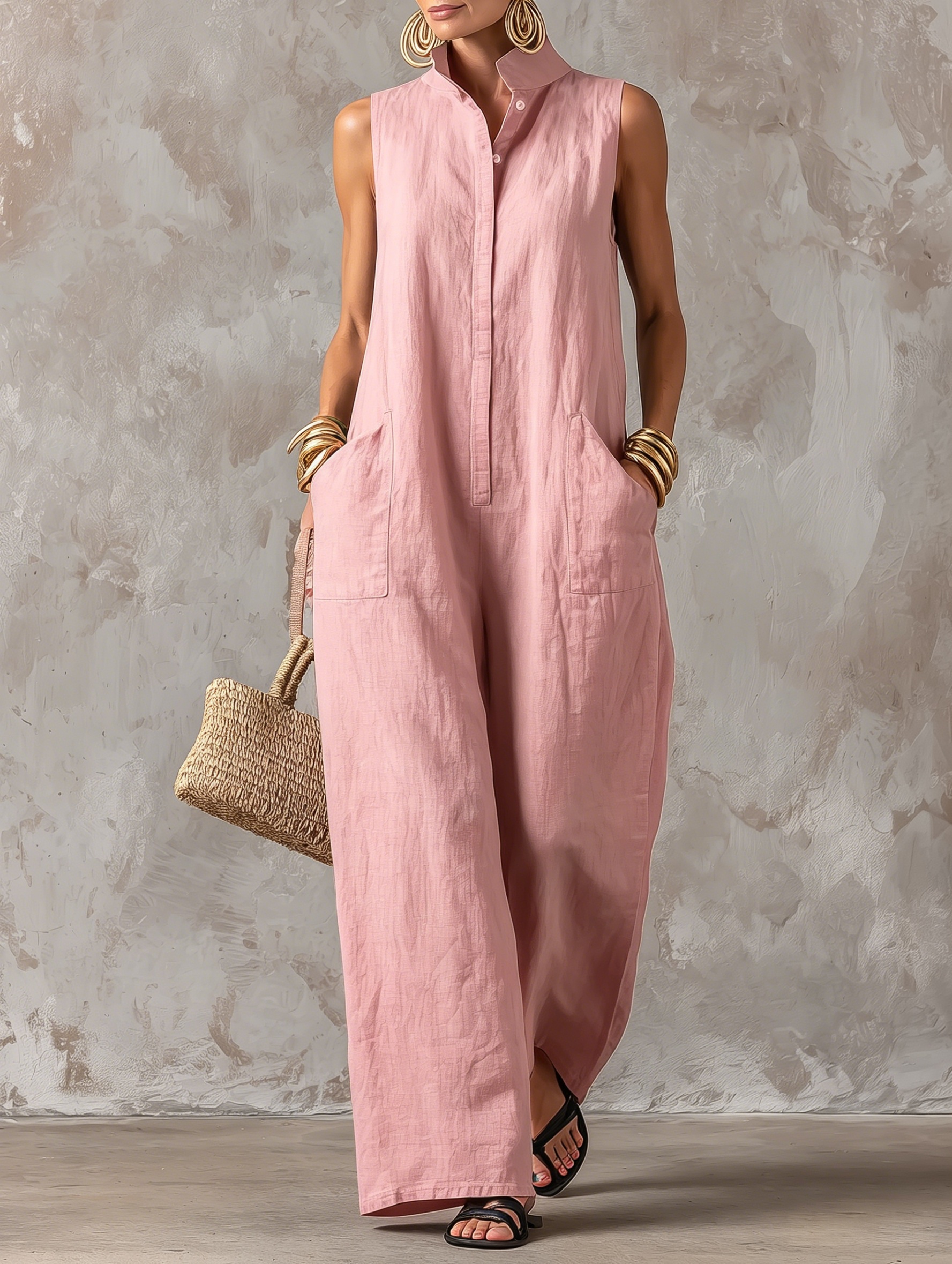 Women’s Casual Cotton-Linen Sleeveless Jumpsuit