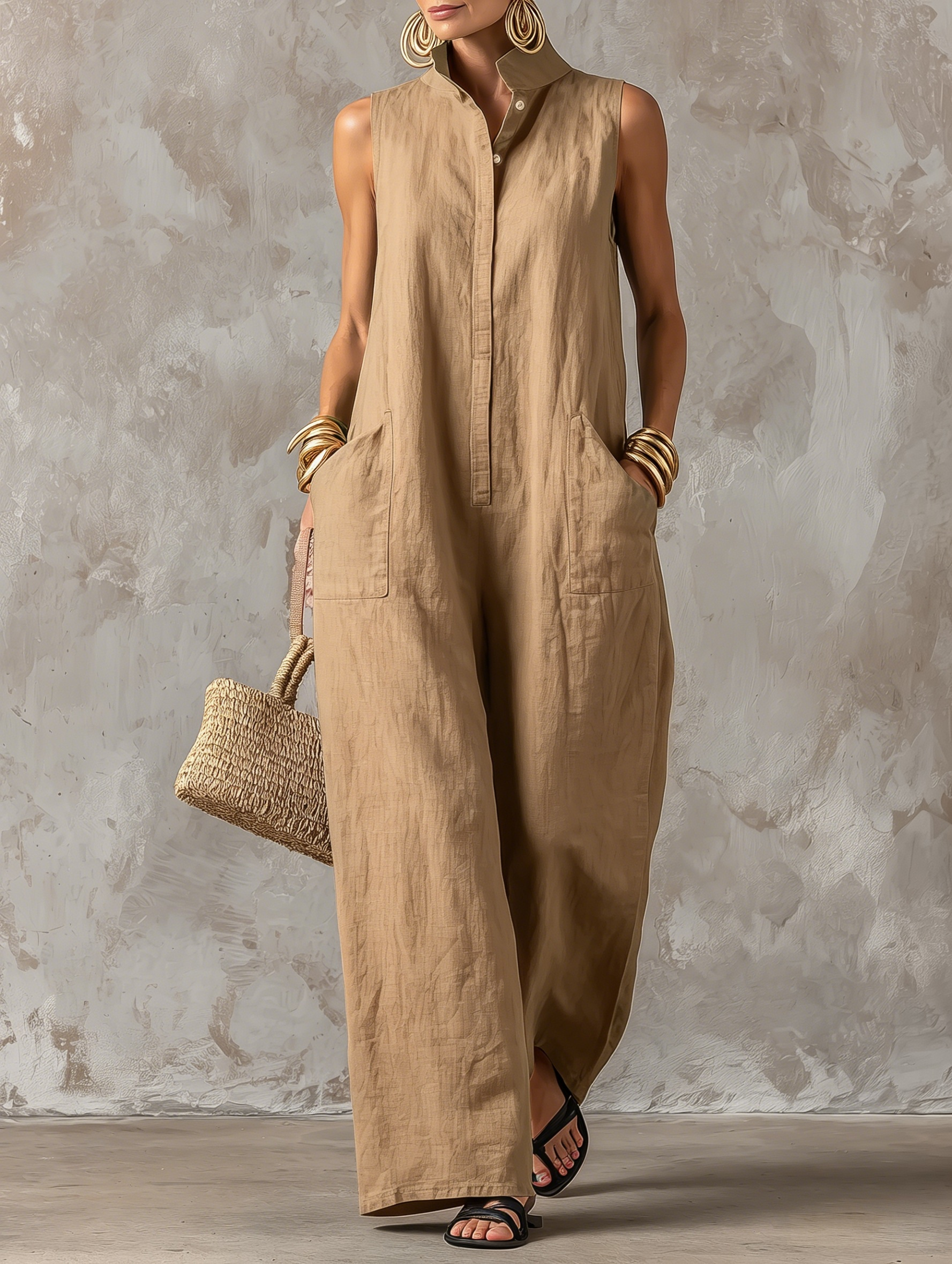 Women’s Casual Cotton-Linen Sleeveless Jumpsuit