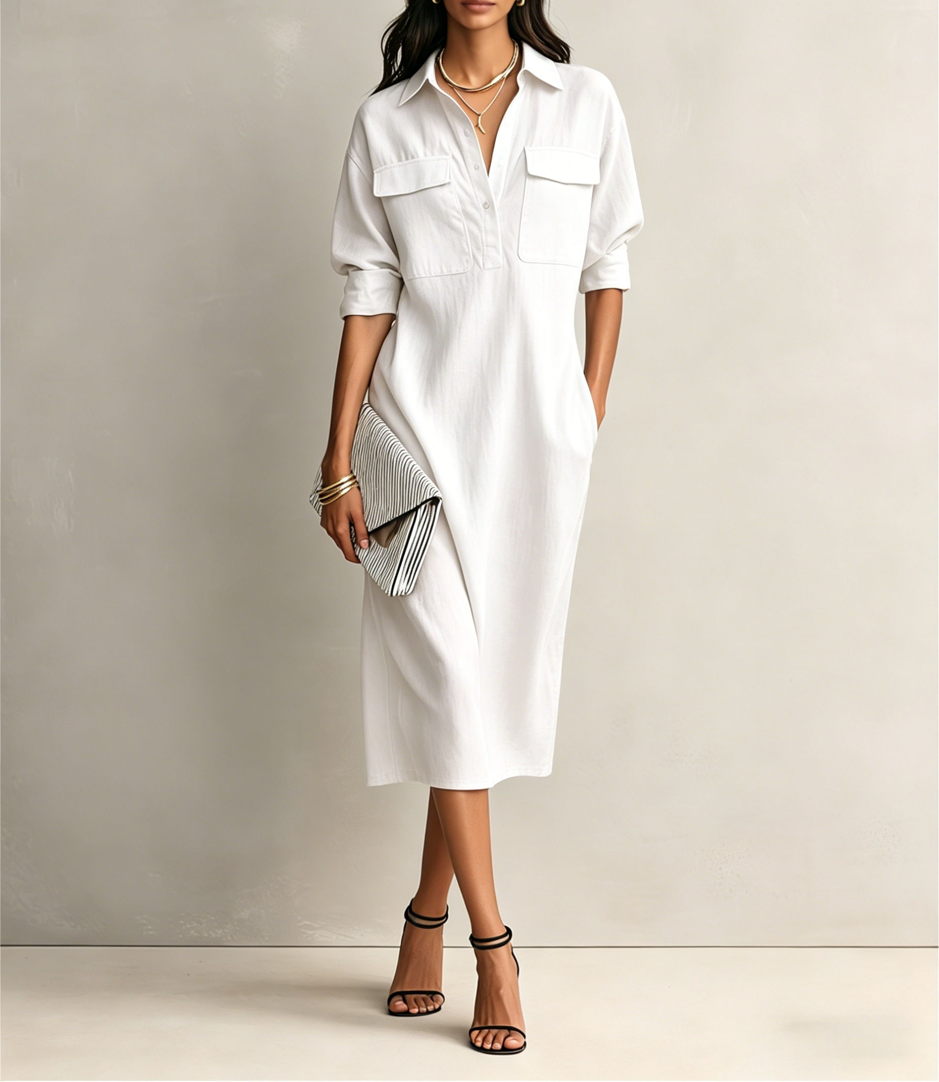 Women’s Casual Cotton-Linen Utility Shirt Dress with Pockets