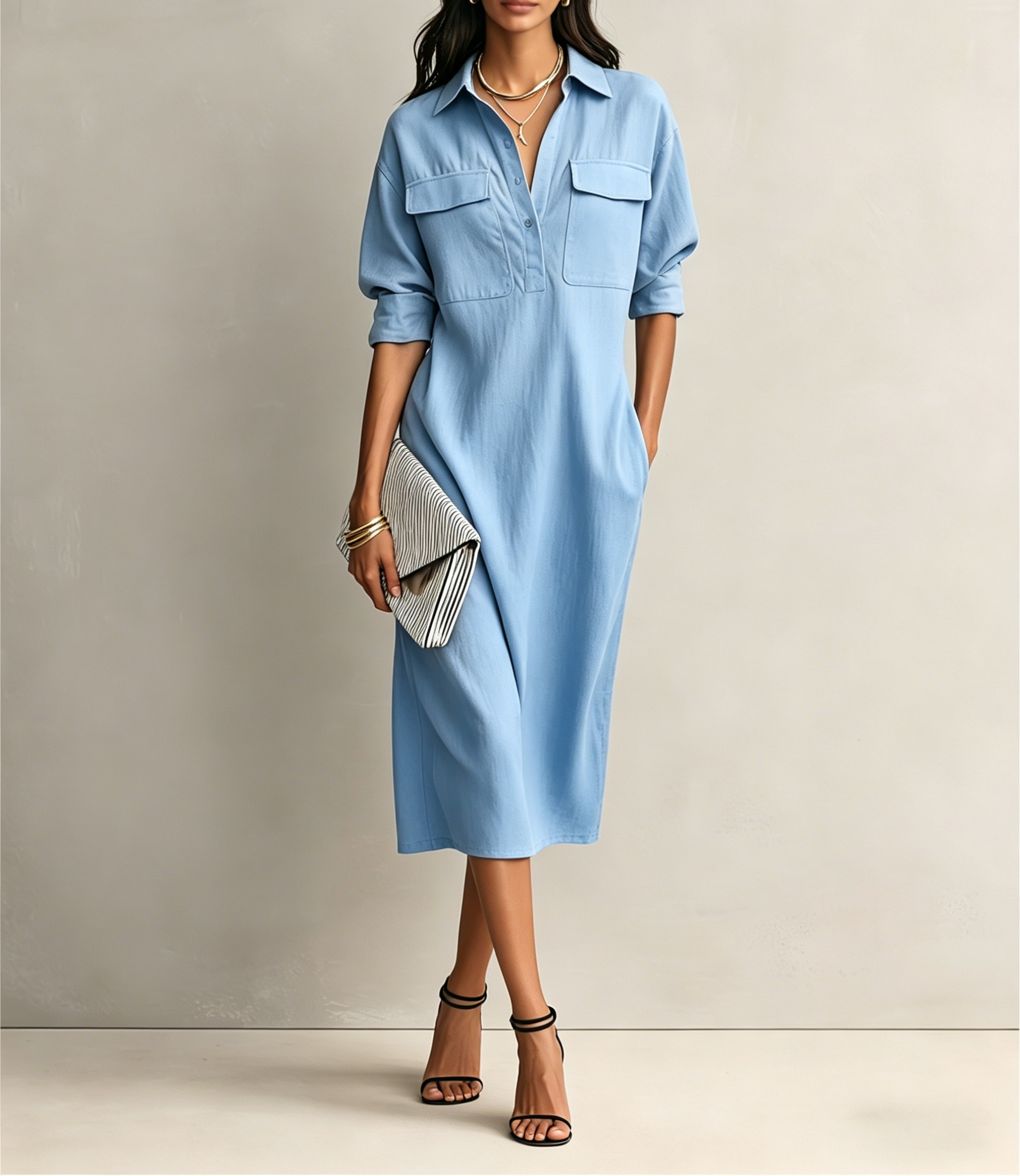 Women’s Casual Cotton-Linen Utility Shirt Dress with Pockets