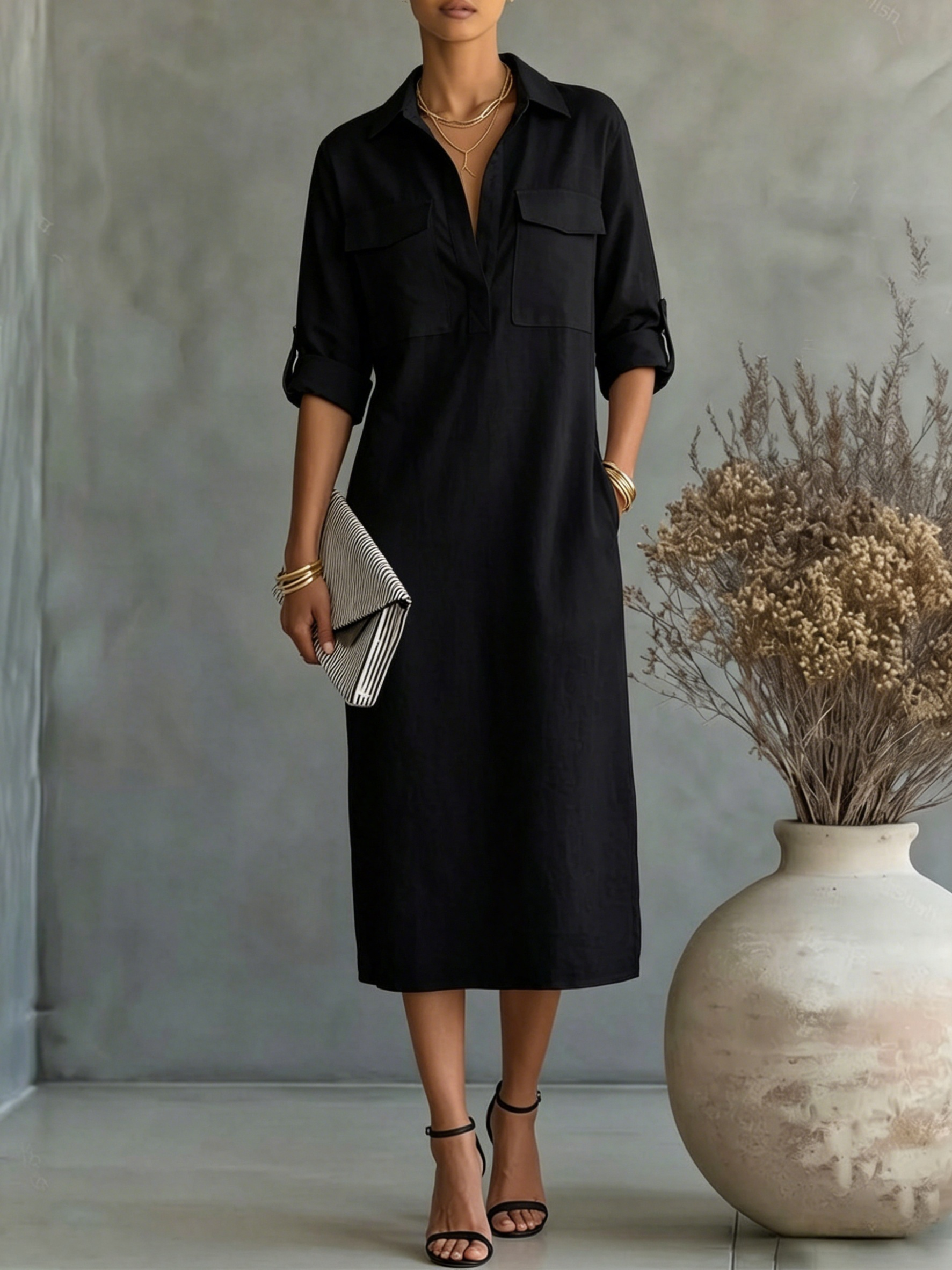 Women's Casual Linen Utility Shirt Dress with Pockets