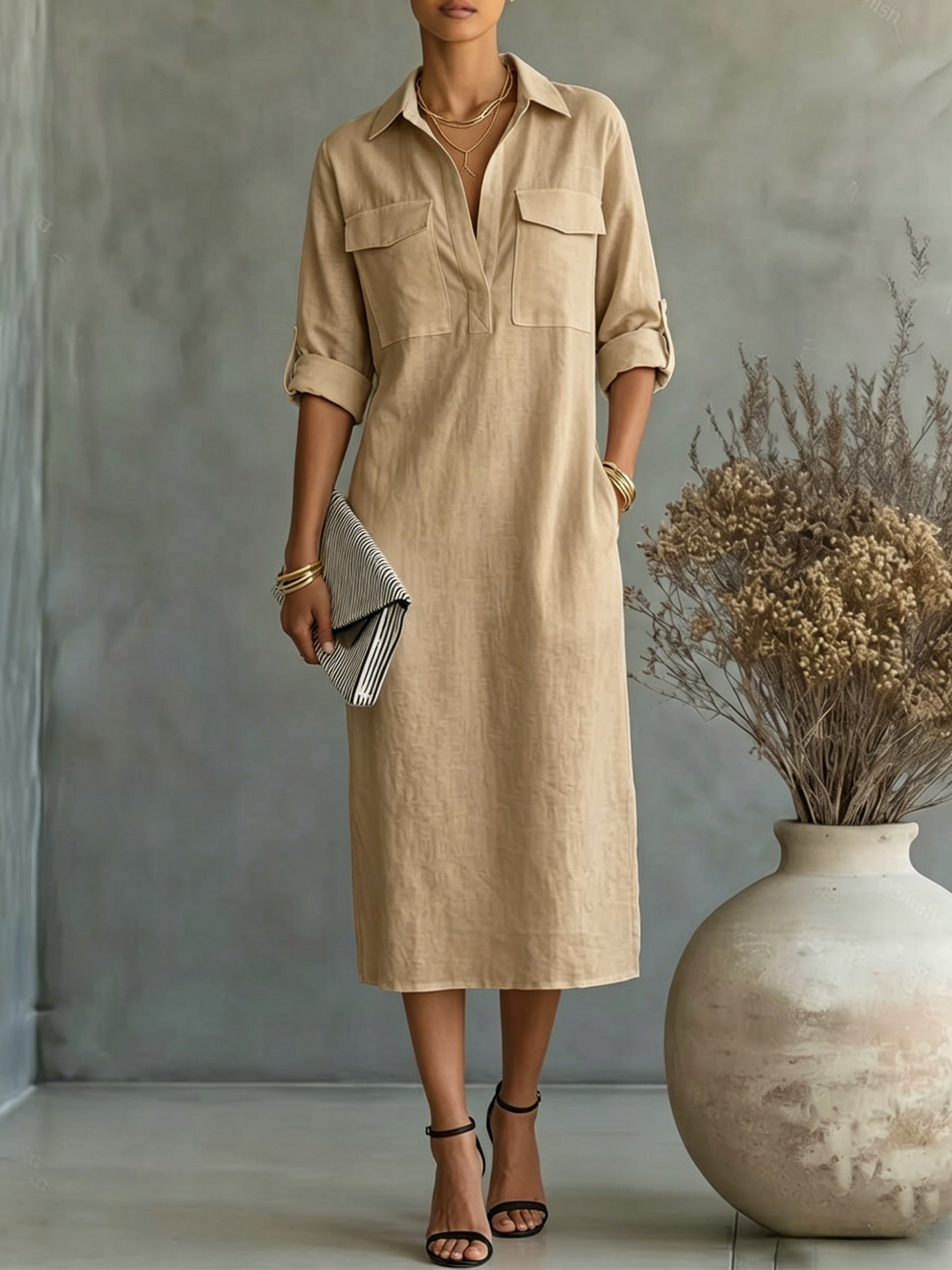Women's Casual Linen Utility Shirt Dress with Pockets
