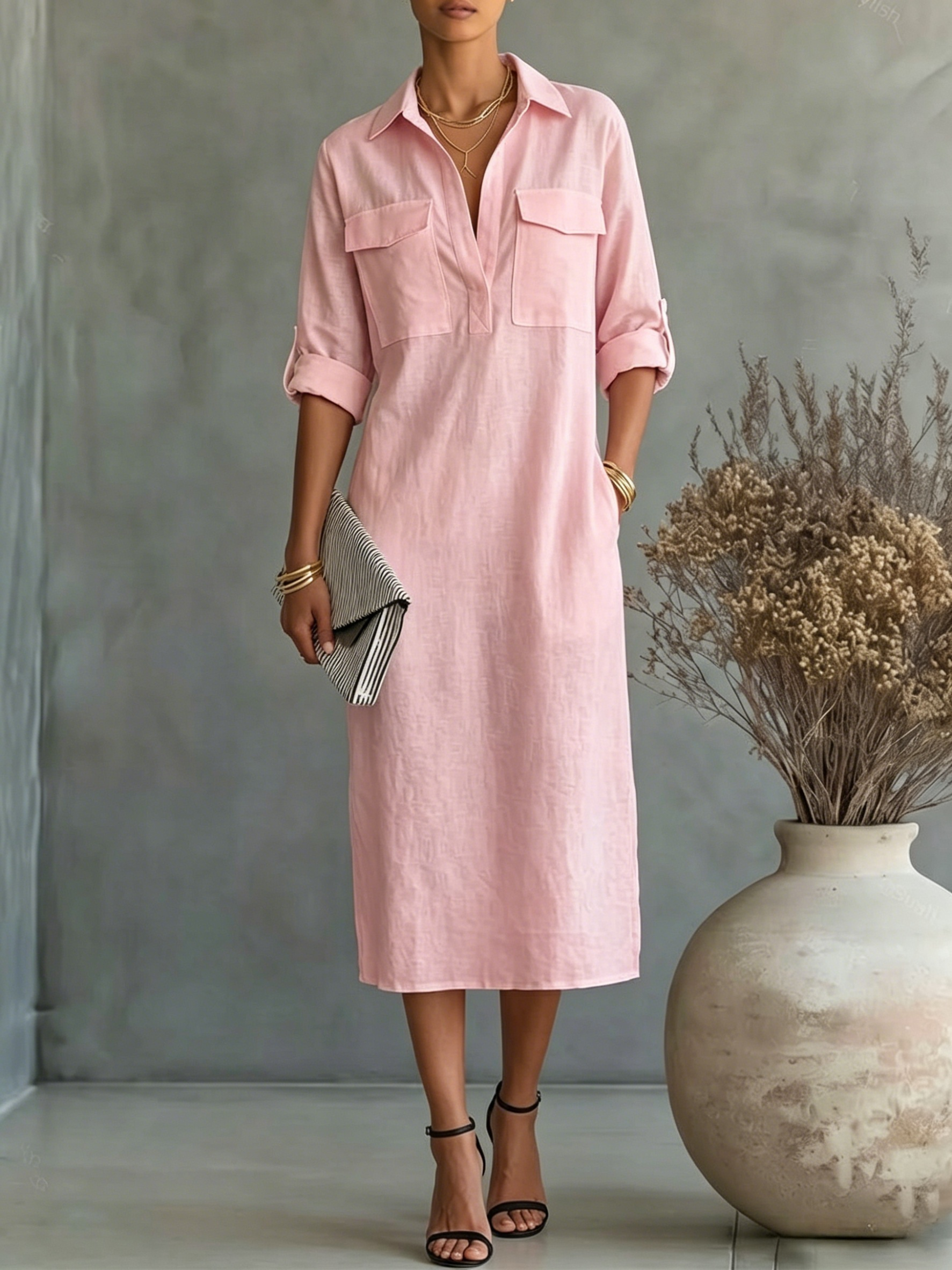 Women's Casual Linen Utility Shirt Dress with Pockets