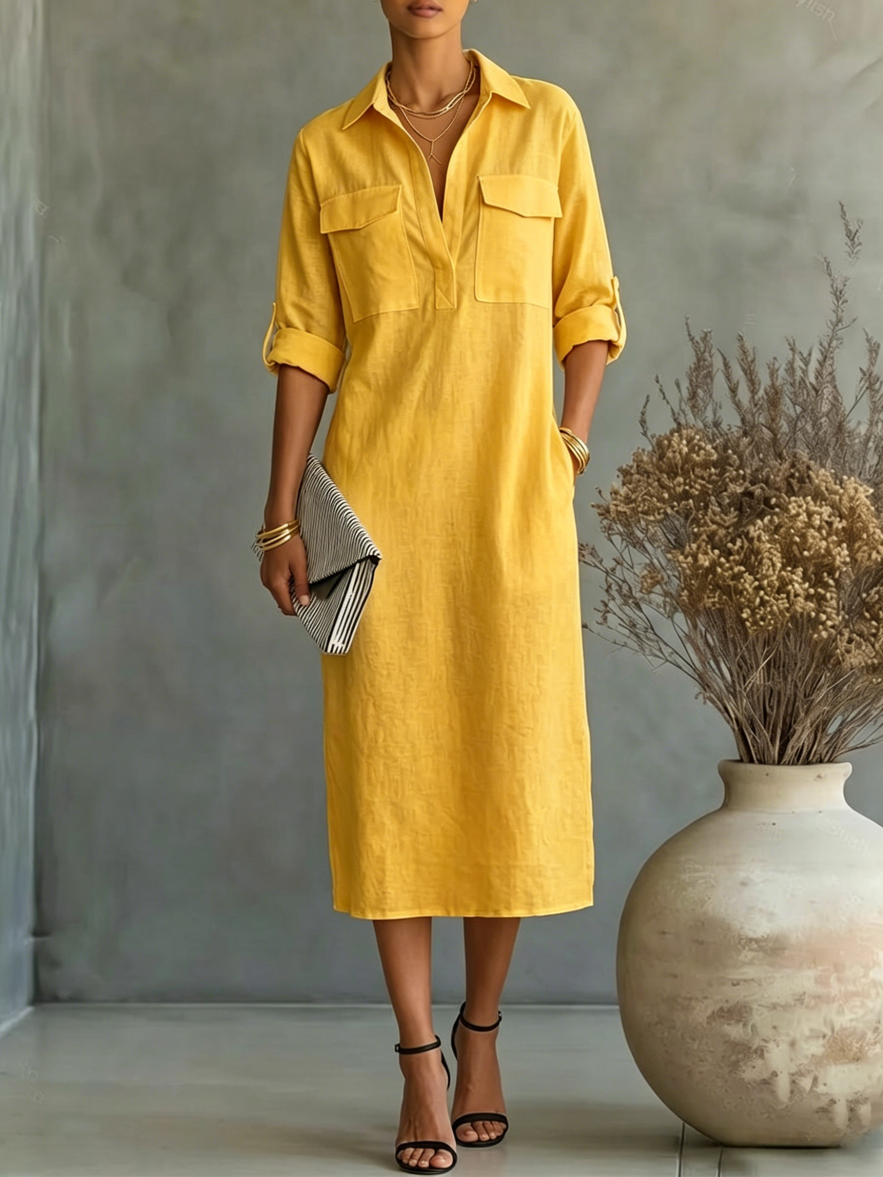 Women's Casual Linen Utility Shirt Dress with Pockets