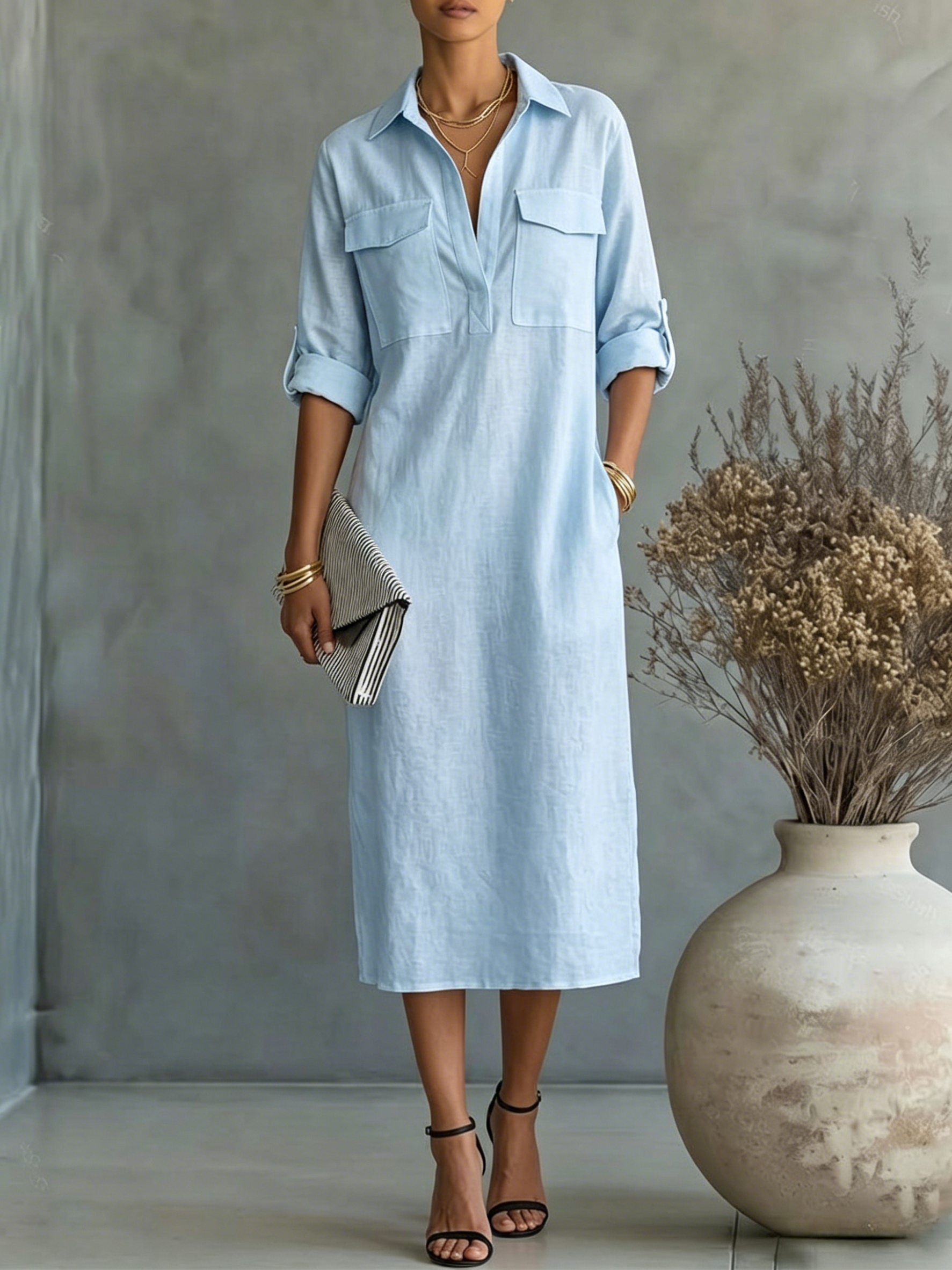 Women's Casual Linen Utility Shirt Dress with Pockets