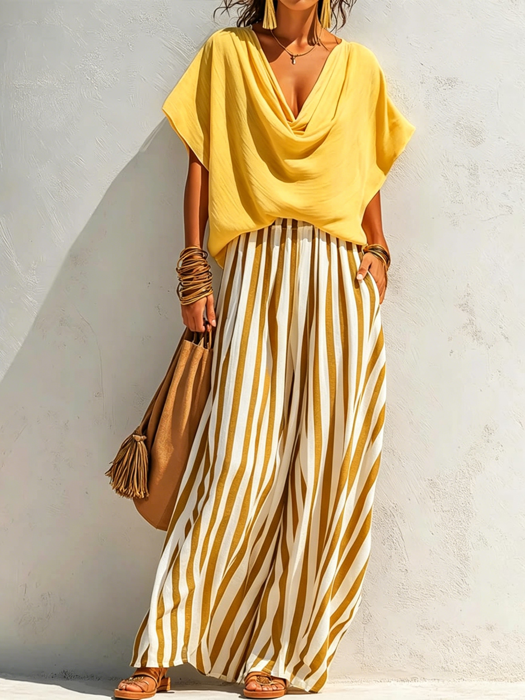Women's Solid-color Cowl-neck Short-sleeve Loose-fit Cotton-linen Top & Elastic-waist Striped Wide-leg Cotton-linen Pants Set