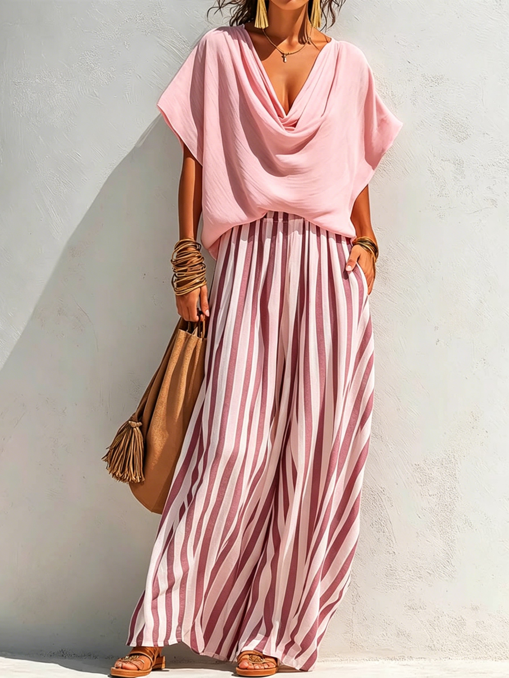 Women's Solid-color Cowl-neck Short-sleeve Loose-fit Cotton-linen Top & Elastic-waist Striped Wide-leg Cotton-linen Pants Set