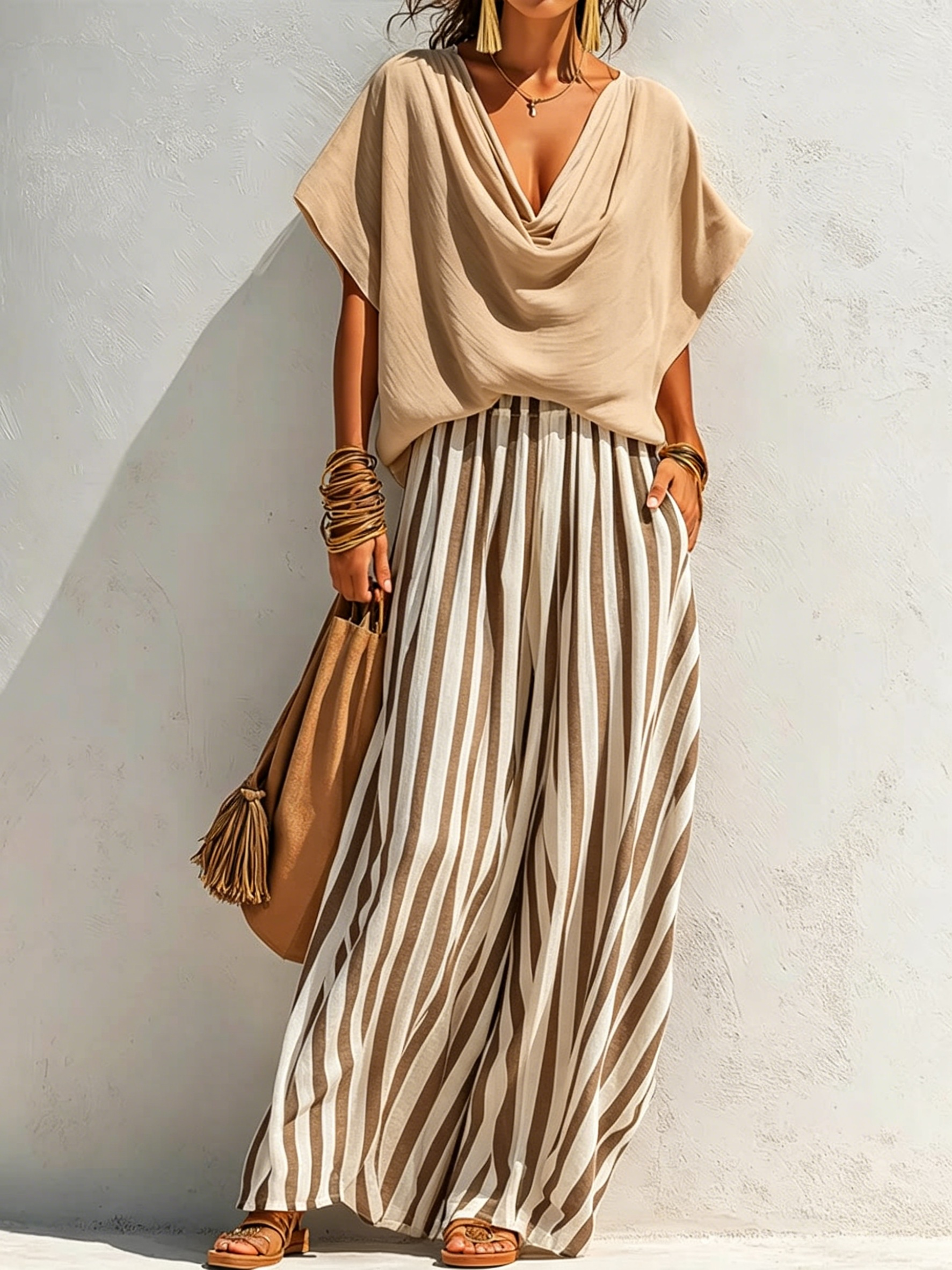 Women's Solid-color Cowl-neck Short-sleeve Loose-fit Cotton-linen Top & Elastic-waist Striped Wide-leg Cotton-linen Pants Set
