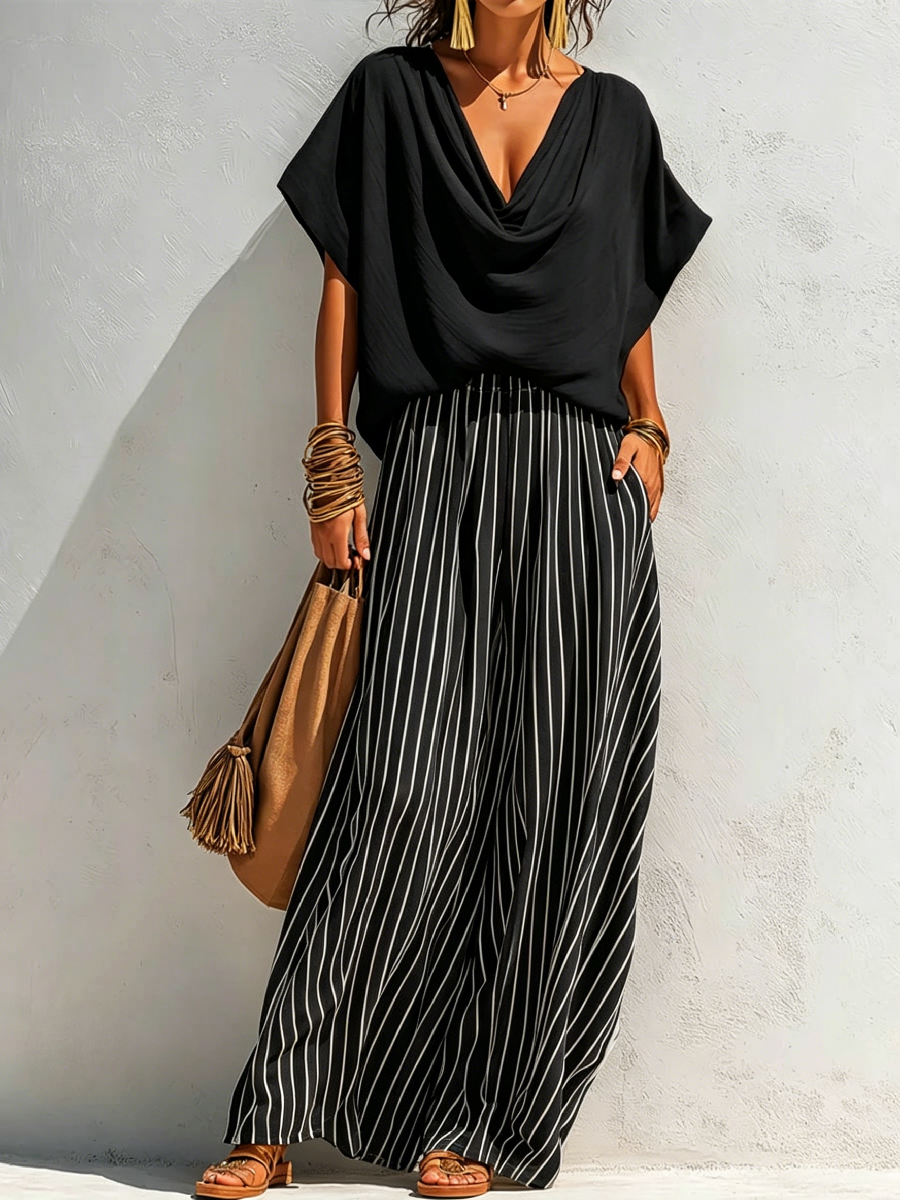 Women's Solid-color Cowl-neck Short-sleeve Loose-fit Cotton-linen Top & Elastic-waist Striped Wide-leg Cotton-linen Pants Set