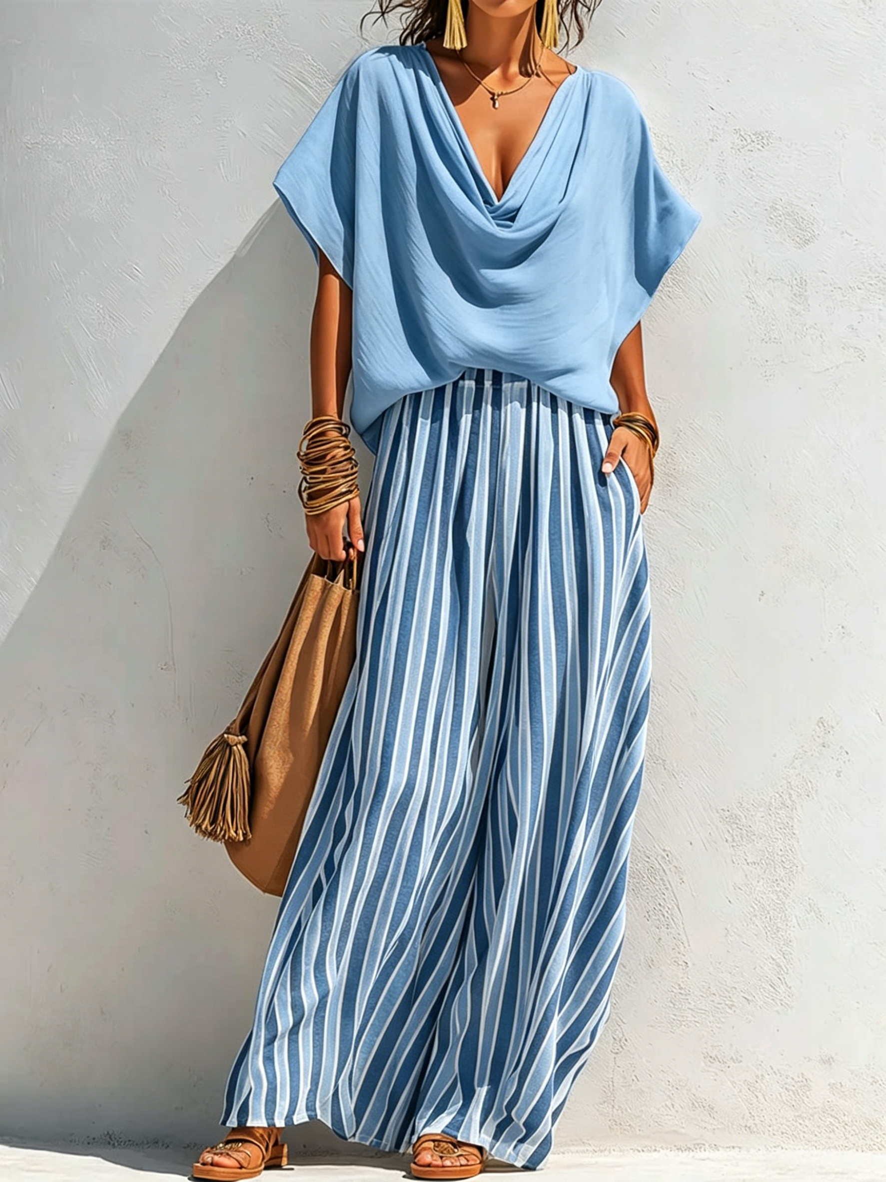 Women's Solid-color Cowl-neck Short-sleeve Loose-fit Cotton-linen Top & Elastic-waist Striped Wide-leg Cotton-linen Pants Set