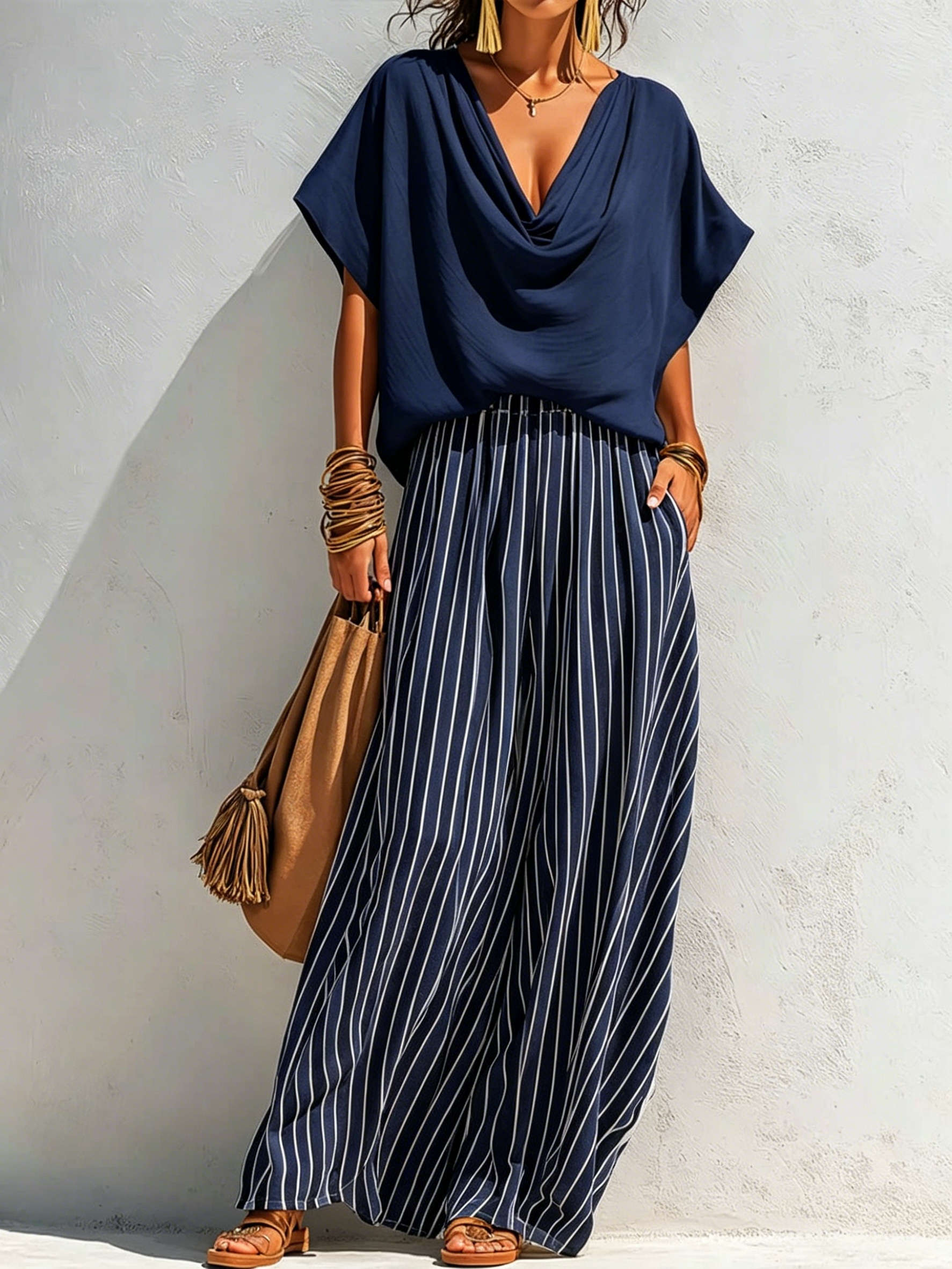 Women's Solid-color Cowl-neck Short-sleeve Loose-fit Cotton-linen Top & Elastic-waist Striped Wide-leg Cotton-linen Pants Set