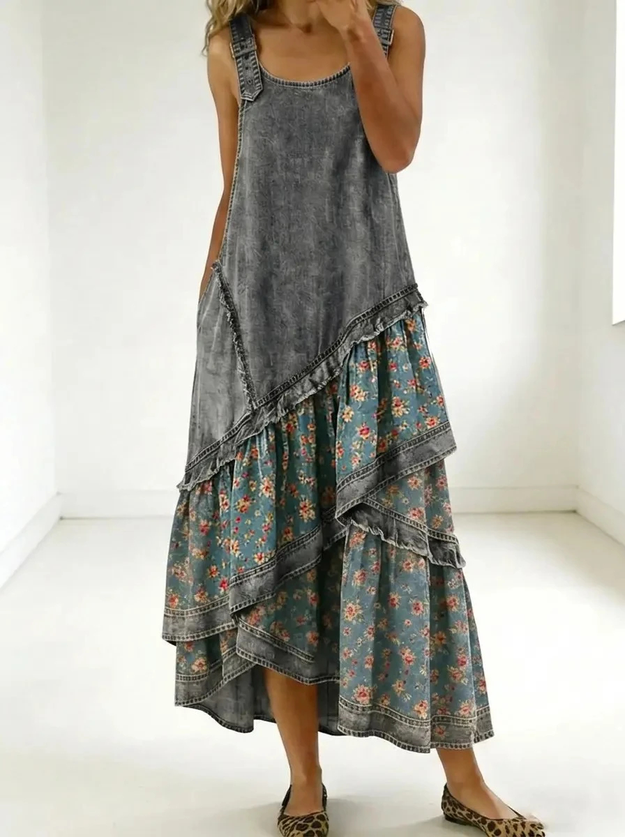 Vintage Washed Denim Floral Patchwork Tiered Overall Maxi Dress