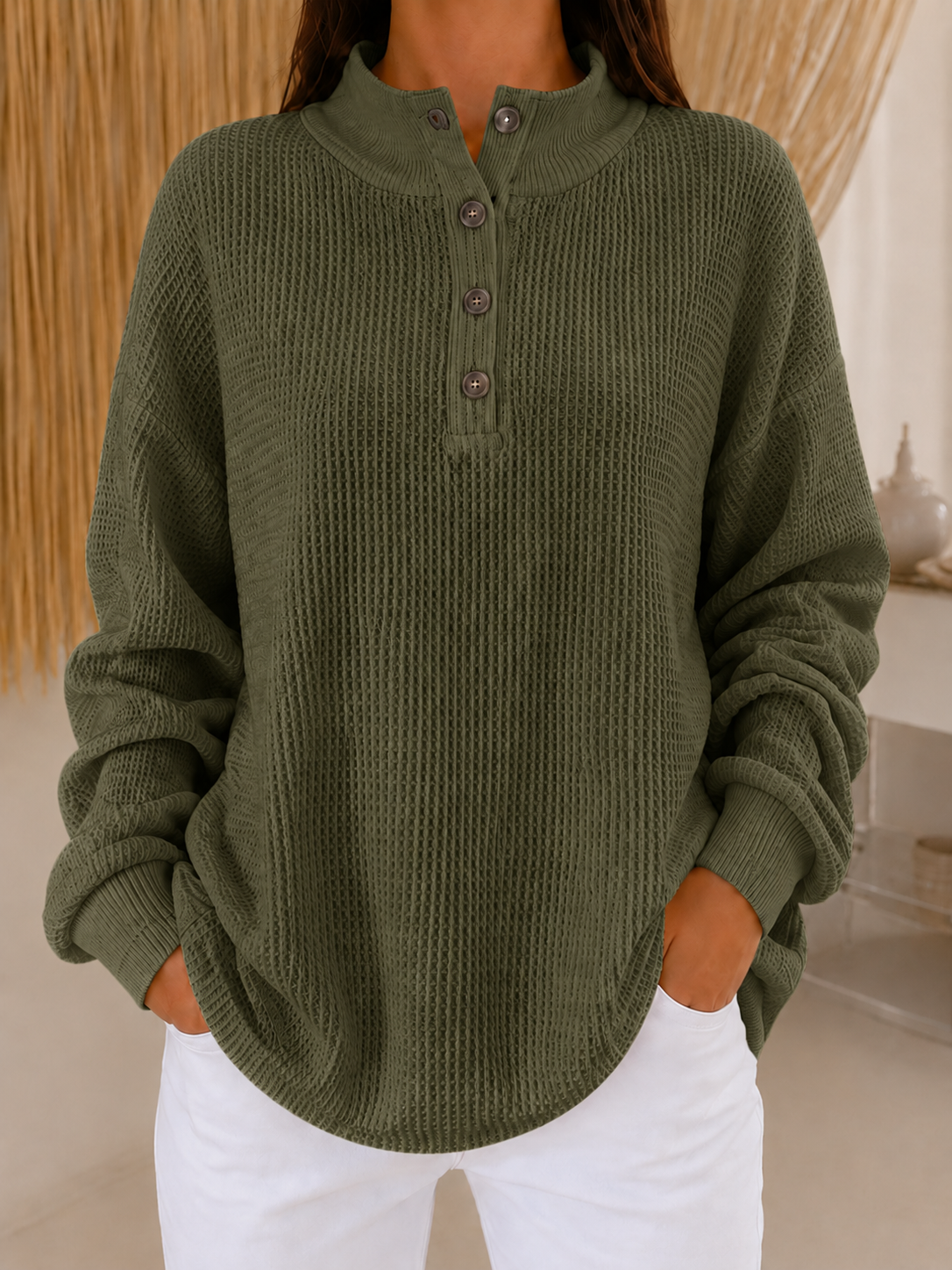 Cozy Luxe Waffle Knit Button-Down Pullover - Loose Fit Casual Long Sleeve Tops