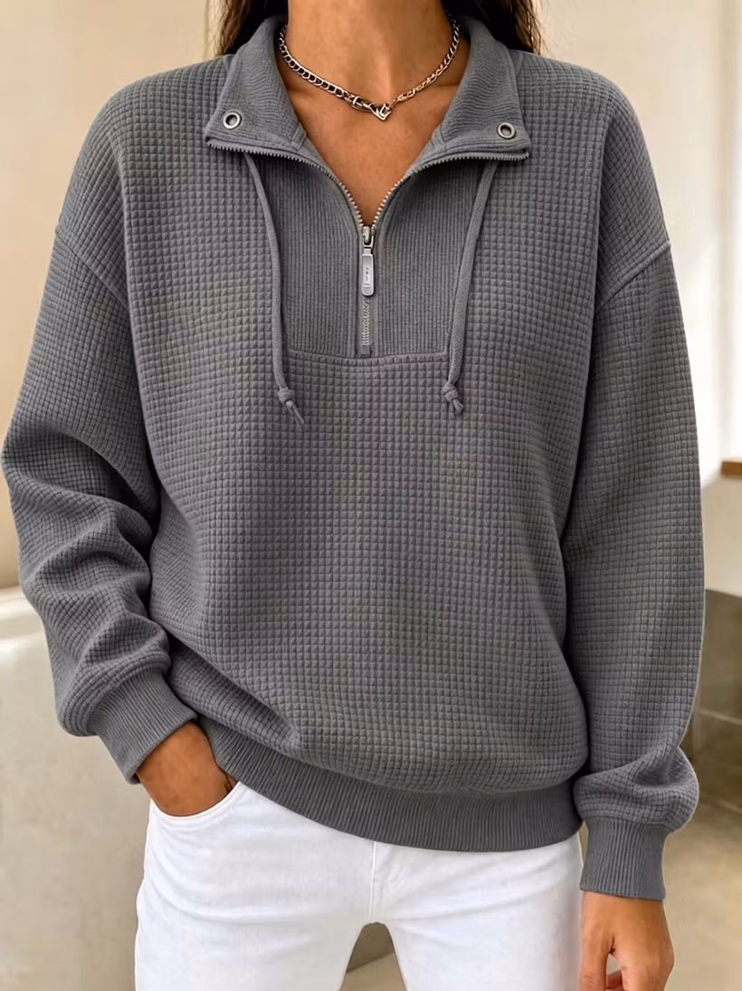Cozy Waffle Knit Half-Zip Cuffed Pullover