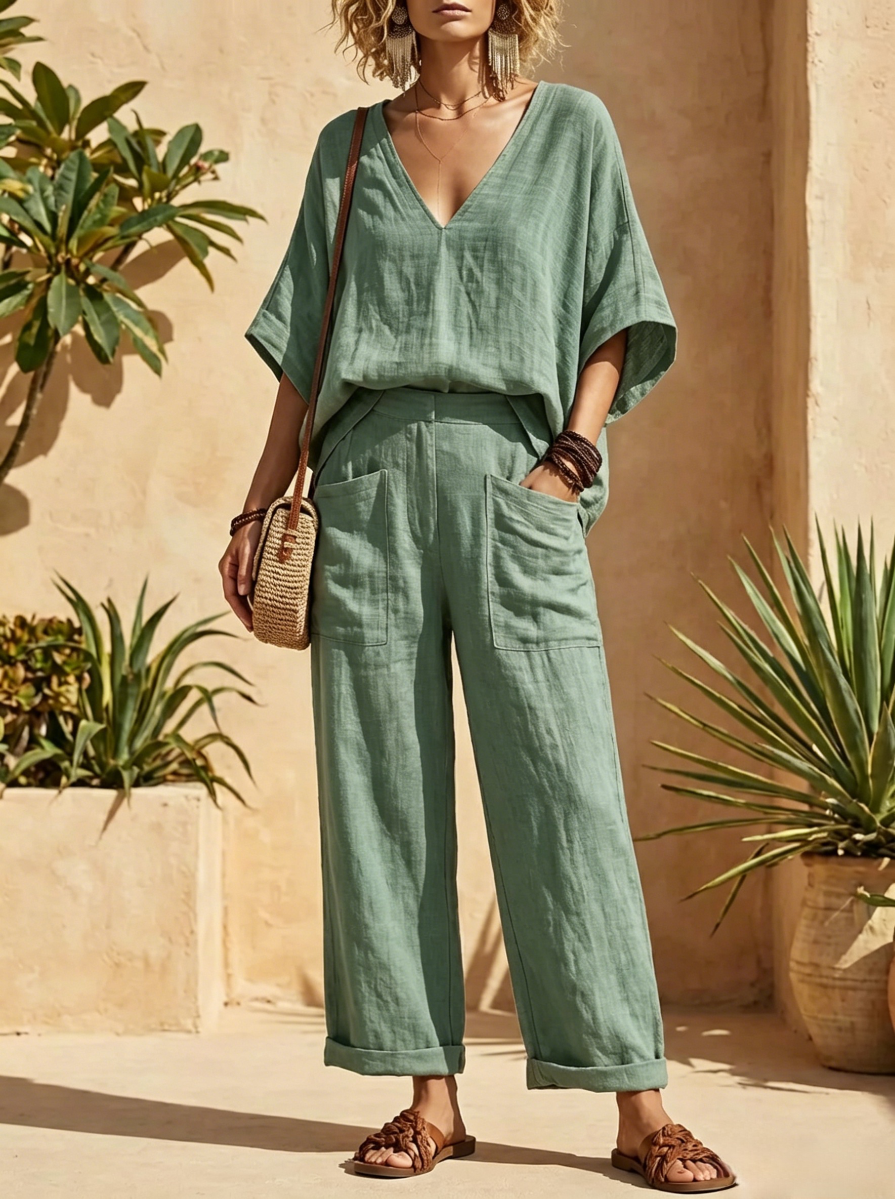 Natürliches Leinen-Set für Damen – V-Ausschnitt Kurzarmtop & Weite Leinenhose