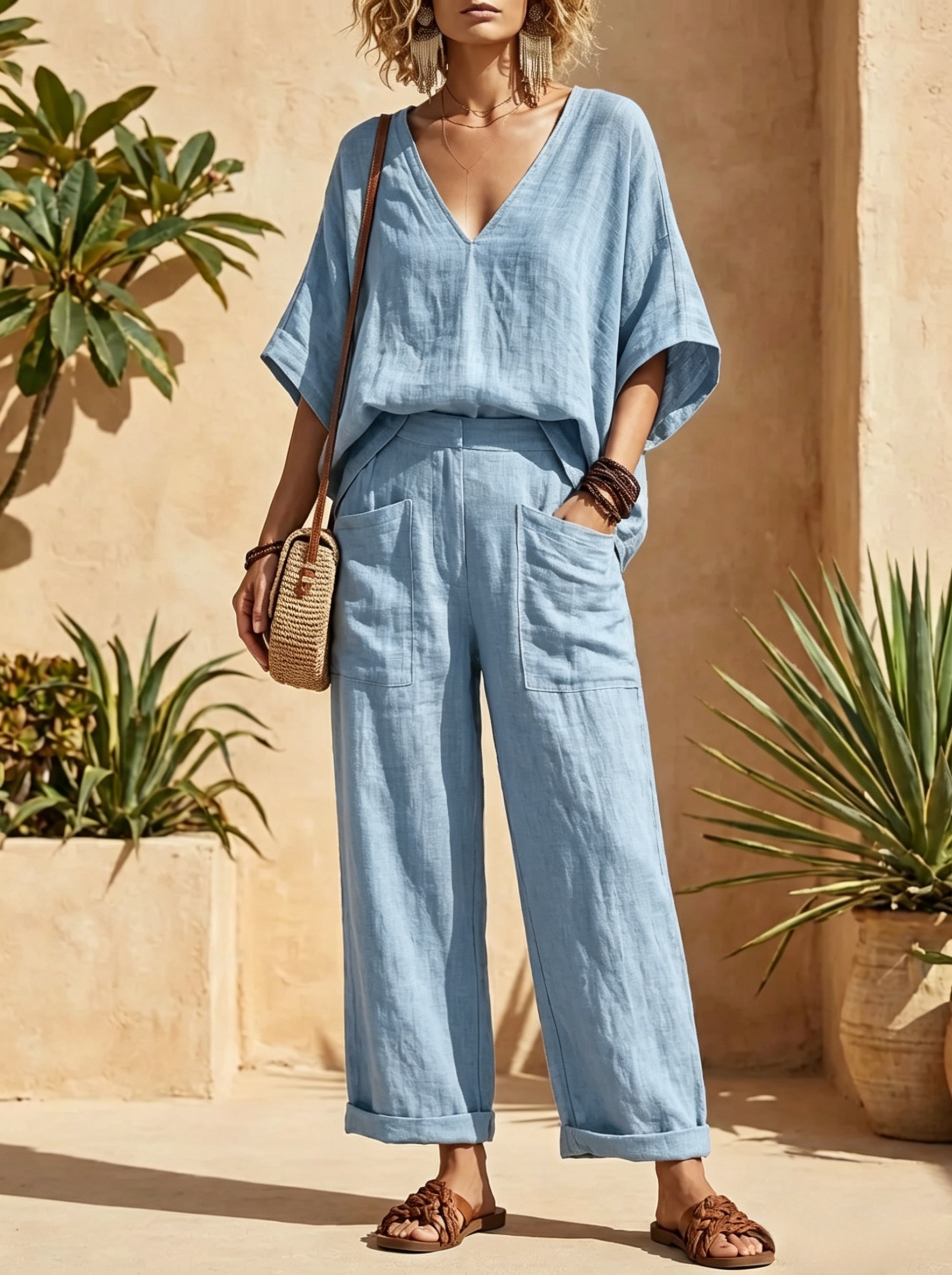 Natürliches Leinen-Set für Damen – V-Ausschnitt Kurzarmtop & Weite Leinenhose