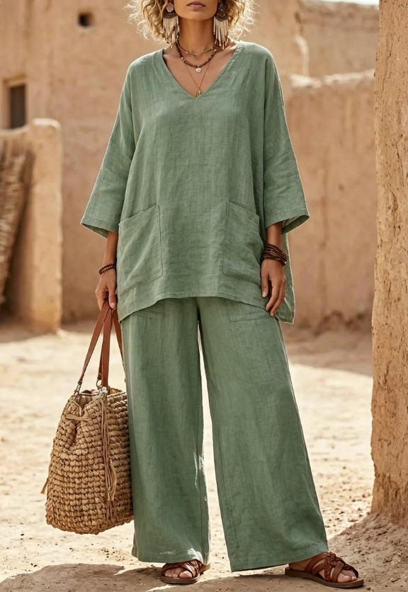 Lockeres Leinen-Set für Damen, V-Ausschnitt 3/4-Arm Top & Wide Leg Leinenhose mit Taschen