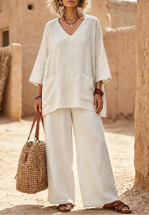 Lockeres Leinen-Set für Damen, V-Ausschnitt 3/4-Arm Top & Wide Leg Leinenhose mit Taschen