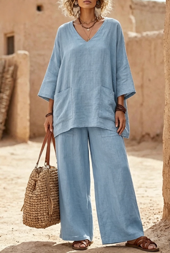 Lockeres Leinen-Set für Damen, V-Ausschnitt 3/4-Arm Top & Wide Leg Leinenhose mit Taschen