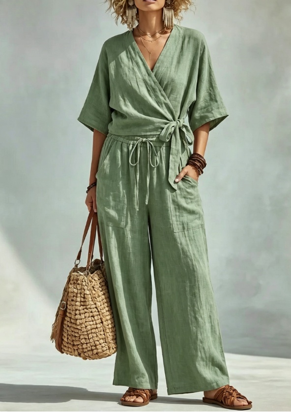 Leinen-Set Wickel-Oberteil mit Bindegürtel & Wide Leg Hose mit Kordelbund für Damen