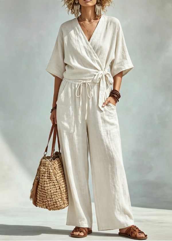 Leinen-Set Wickel-Oberteil mit Bindegürtel & Wide Leg Hose mit Kordelbund für Damen