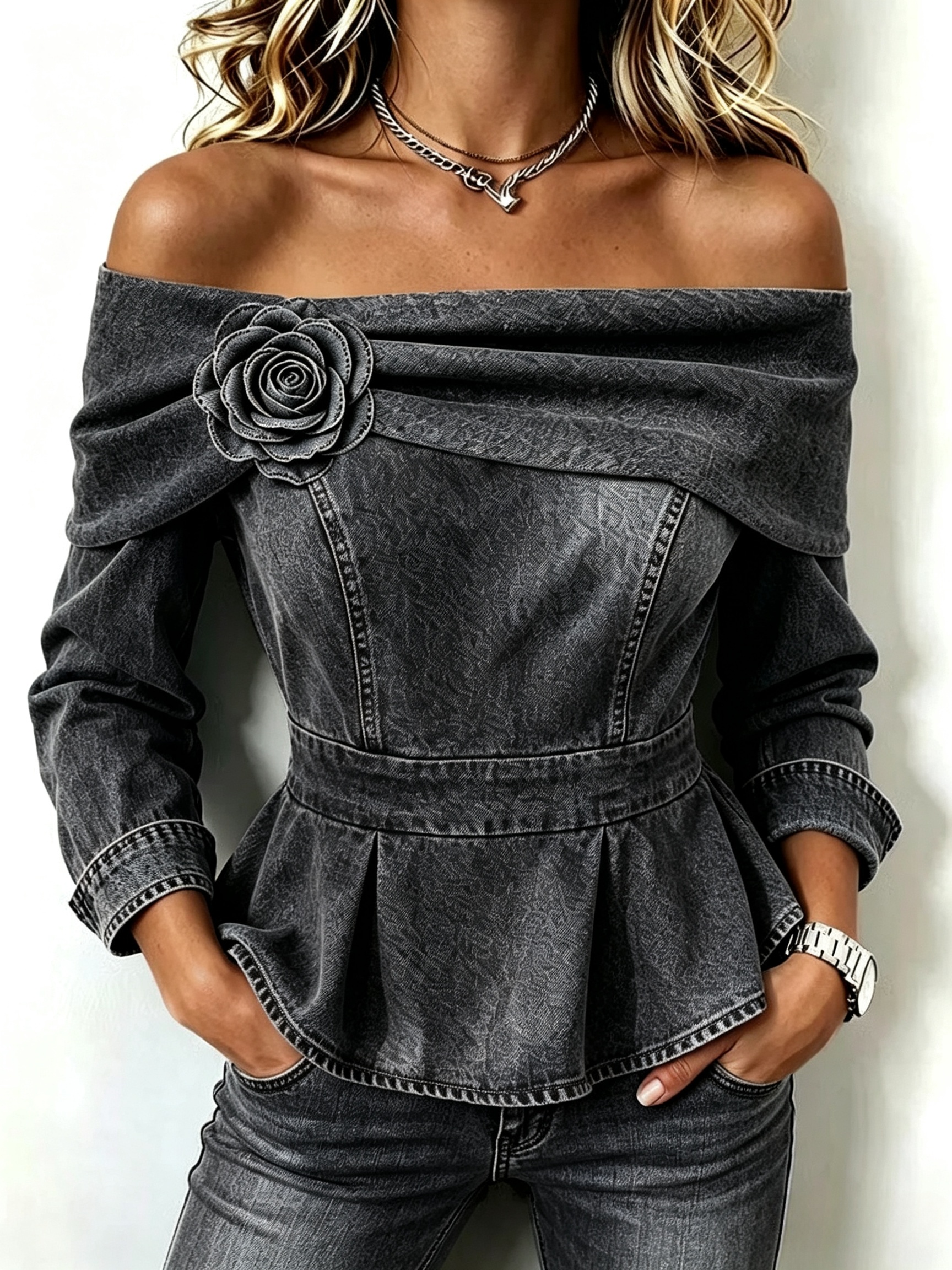 Vintage Off-Shoulder Denim Peplum Top with Rose Appliqué