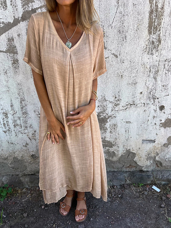 🌿 Luftiges Midi-Kleid mit V-Ausschnitt – Lockerer Casual Fit für Alltag & Sommer
