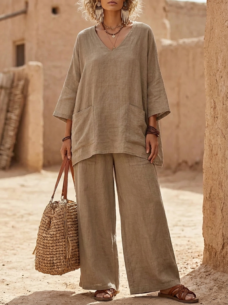 Lockeres Leinen-Set für Damen, V-Ausschnitt 3/4-Arm Top & Wide Leg Leinenhose mit Taschen