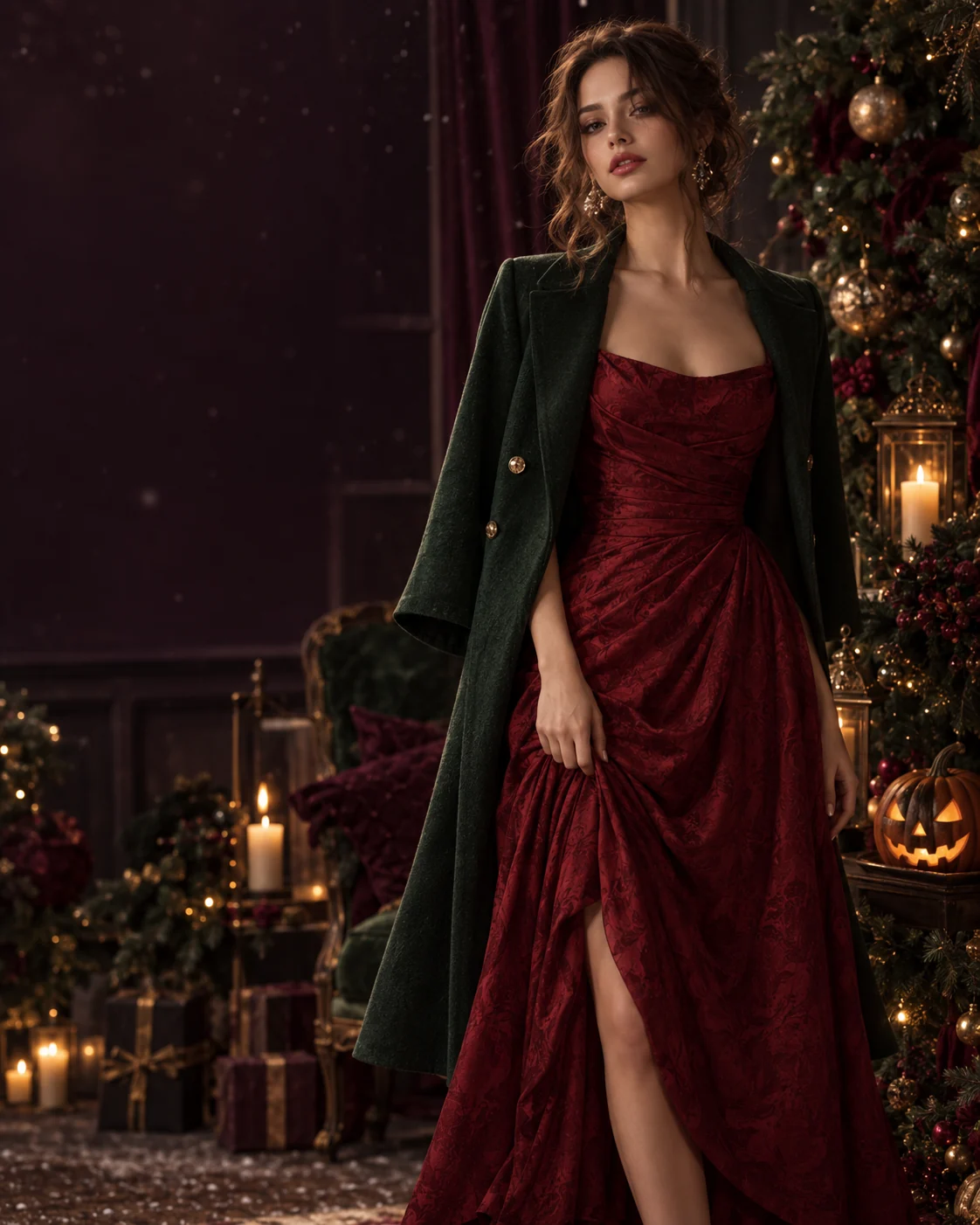 Holiday fashion campaign featuring a festive red gown