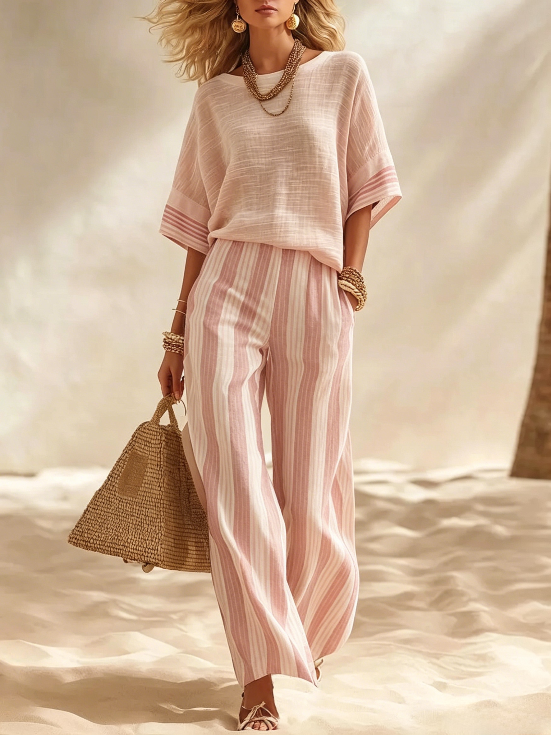 Beige Textured Cotton-linen Color-block Top & Blue-white Striped Elastic Waist Wide-leg Pants Set