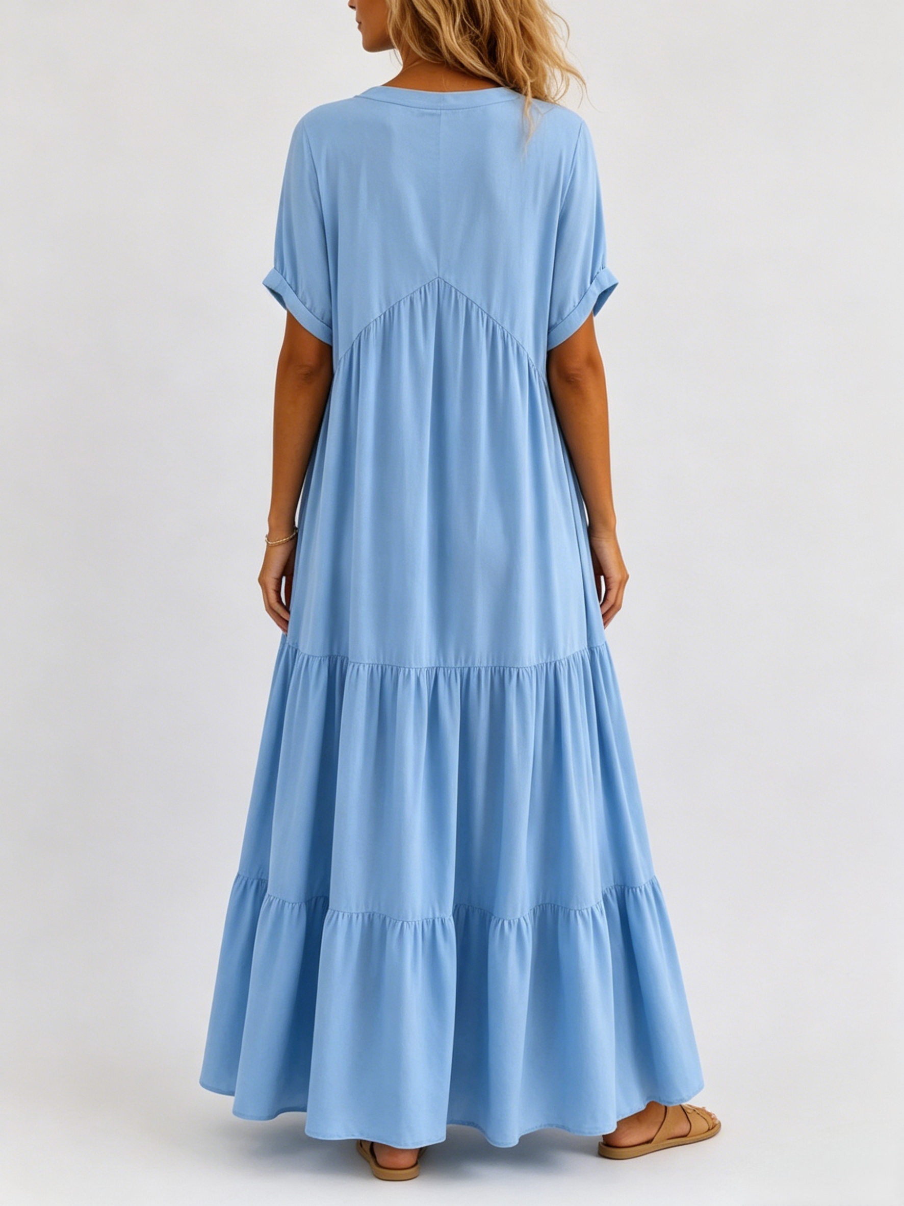 Luftiges Maxikleid Damen mit V-Ausschnitt, Taschen & Stufen – locker & bequem für Sommer