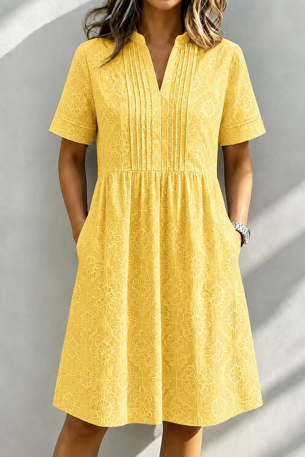 Casual V-Neck Embroidered Short Sleeve A-Line Dress with Pockets
