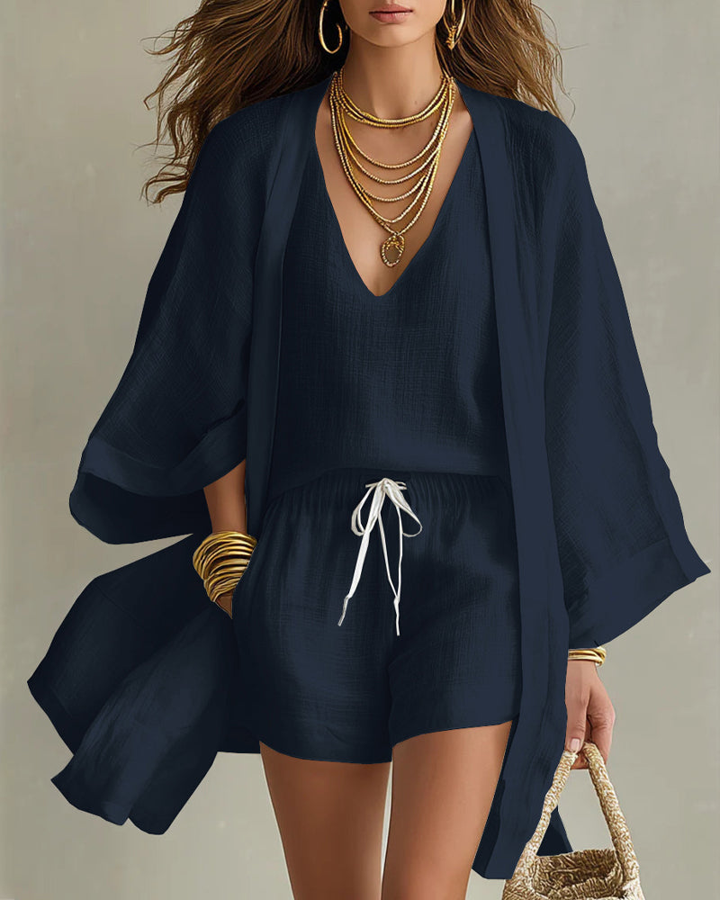 Chic Linen Blend 3-Piece Cardigan, Tank & Wide-Leg Pants Set