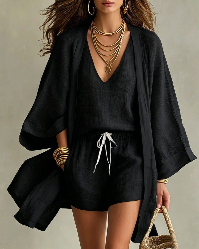 Chic Linen Blend 3-Piece Cardigan, Tank & Wide-Leg Pants Set