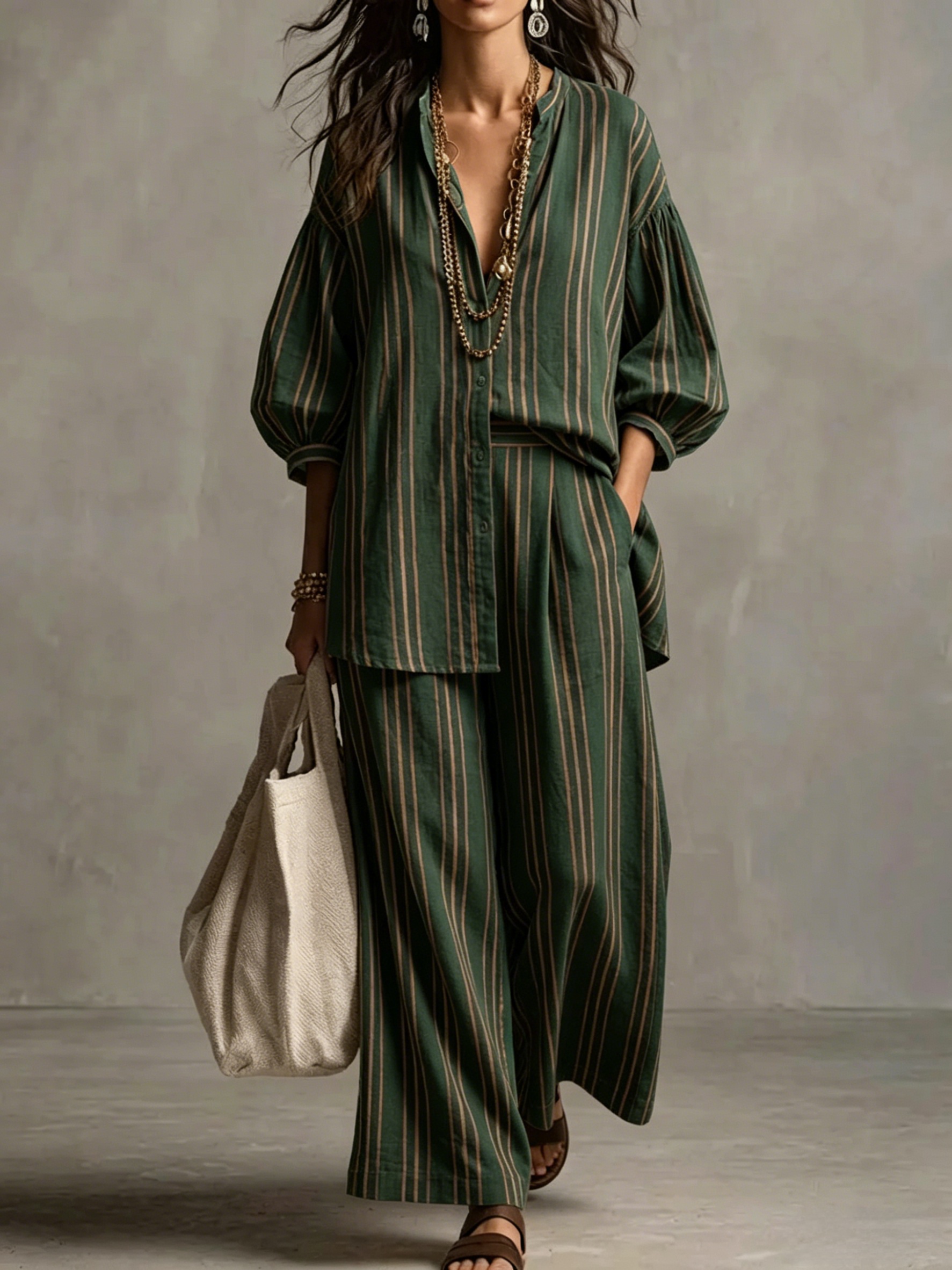 Women's Bohemian Loose Striped Cotton And Linen Set