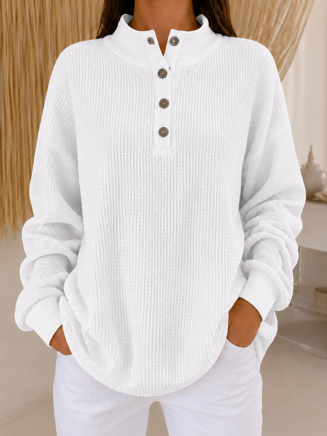 Cozy Luxe Waffle Knit Button-Down Pullover - Loose Fit Casual Long Sleeve Tops