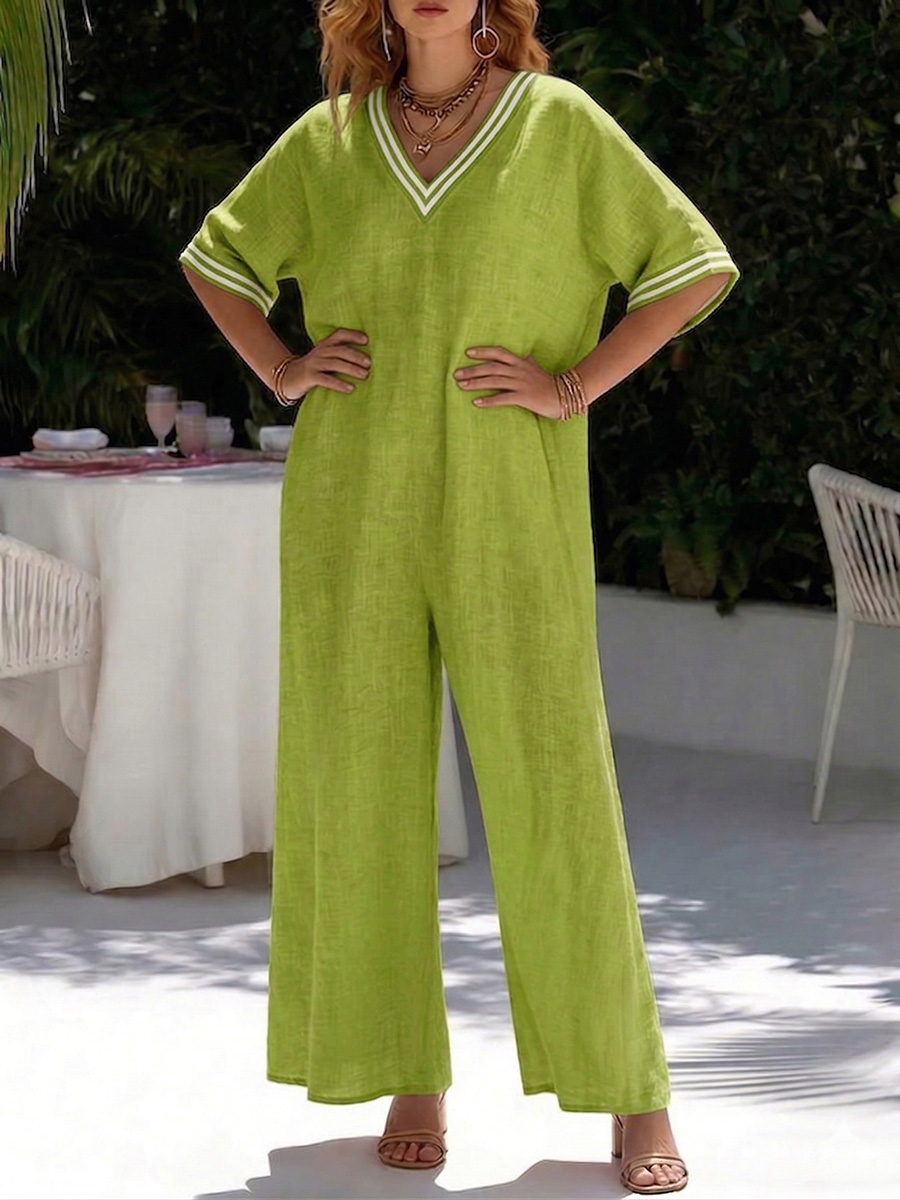 New Arrivals🔥 Cozy Loose-fit V Neck Striped Cotton Linen Jumpsuit