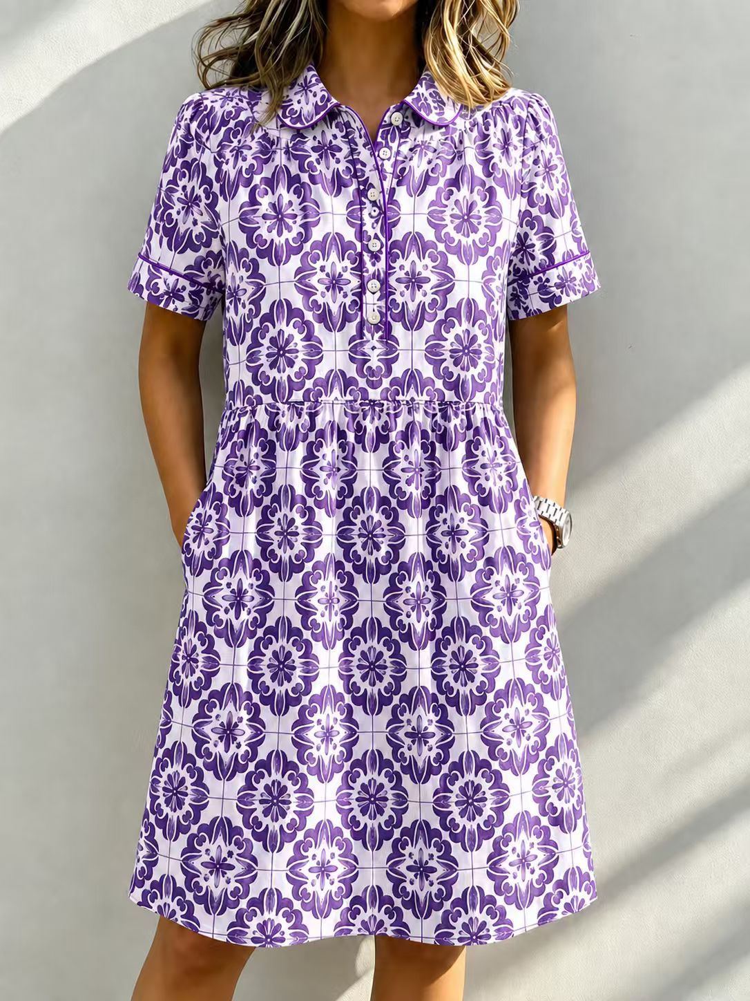 Casual Cotton Linen Santorini Print Shirt Dress with Pockets