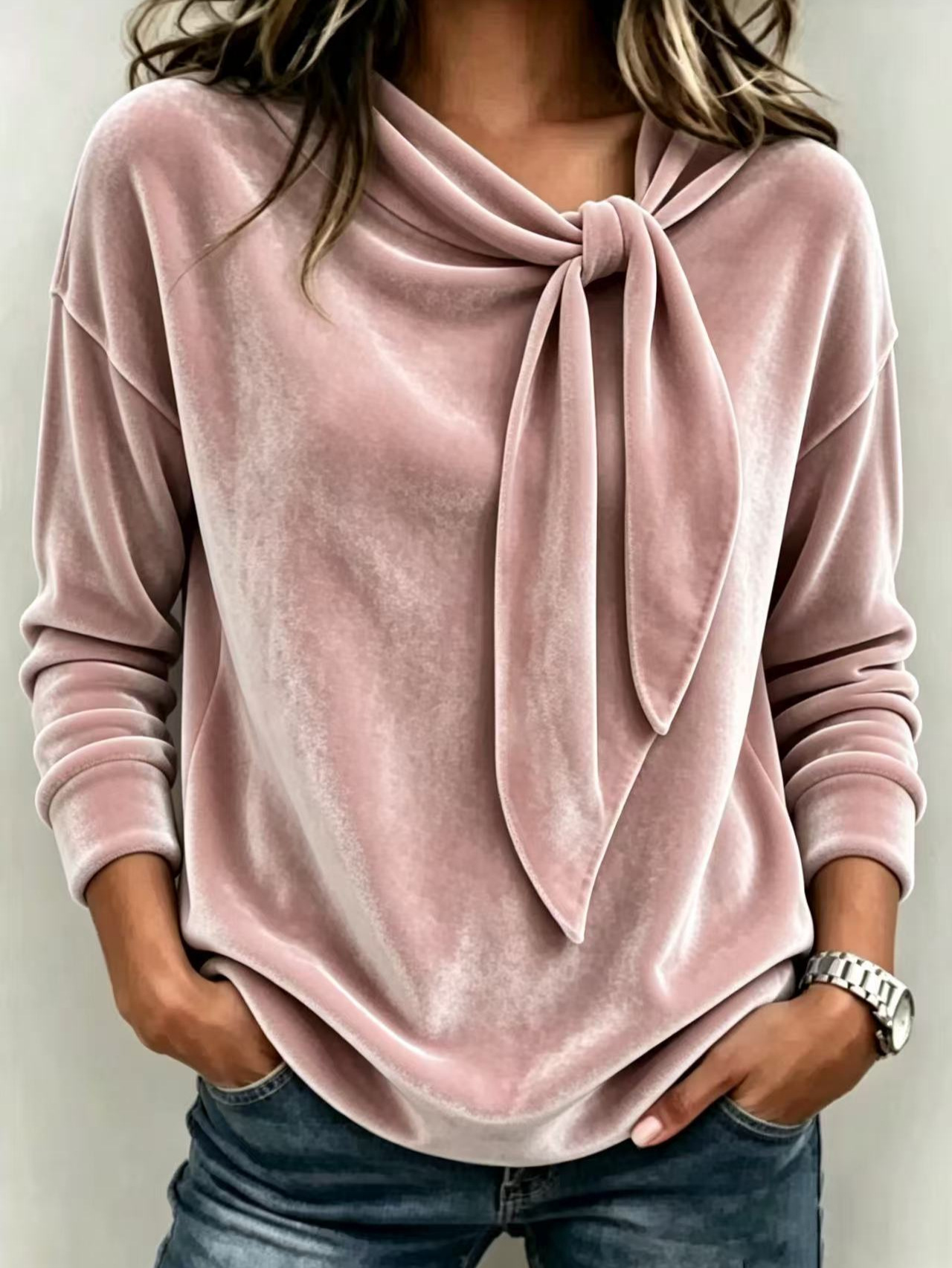 Elegant Velvet Tie-Neck Long Sleeve Blouse Top