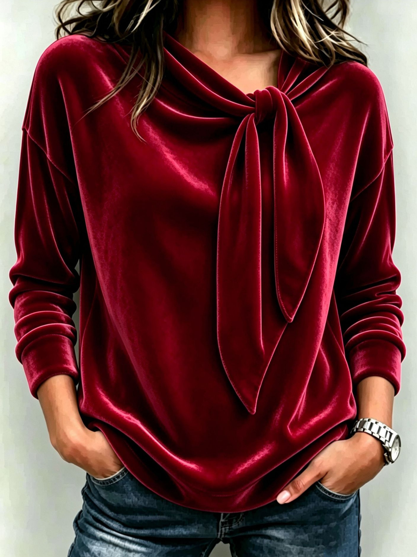 Elegant Velvet Tie-Neck Long Sleeve Blouse Top