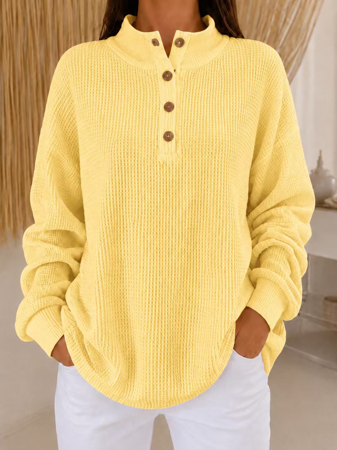 Cozy Luxe Waffle Knit Button-Down Pullover - Loose Fit Casual Long Sleeve Tops